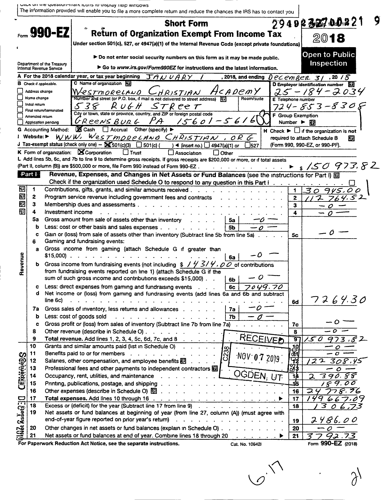 Image of first page of 2018 Form 990EZ for Westmoreland Christian Academy