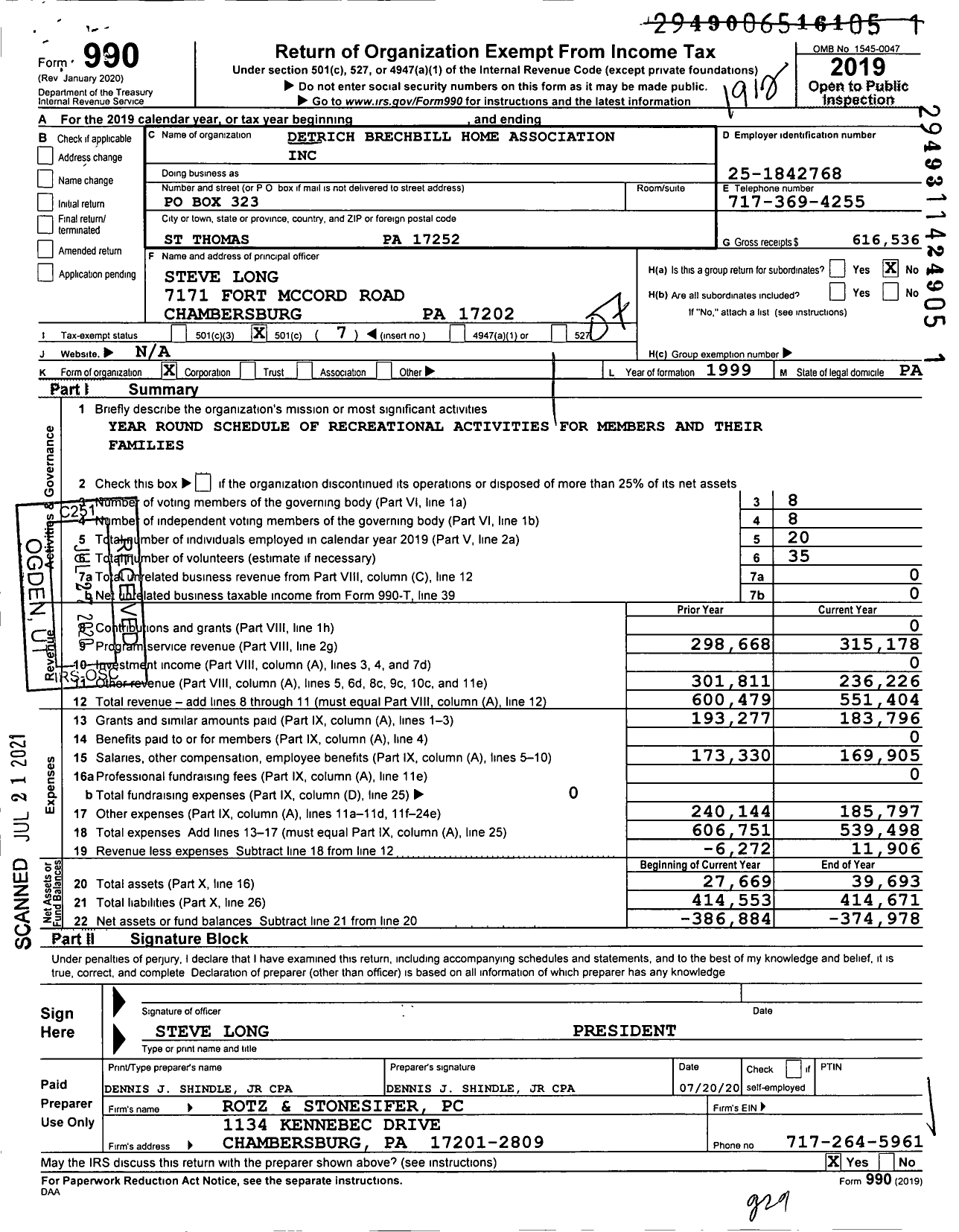 Image of first page of 2019 Form 990O for Detrich Brechbill Home Association