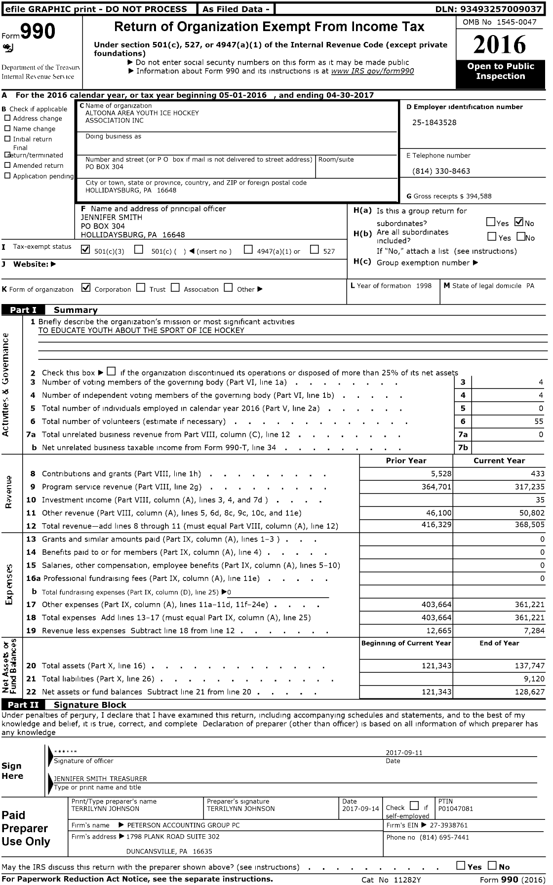 Image of first page of 2016 Form 990 for Altoona Area Youth Ice Hockey Association