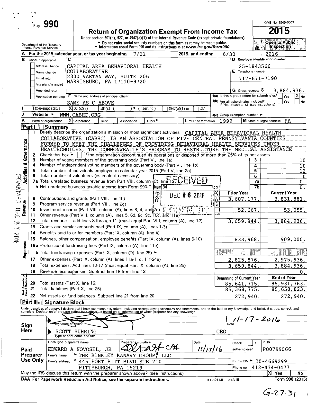 Image of first page of 2015 Form 990 for Capital Area Behavioral Health Collaborative (CABHC)