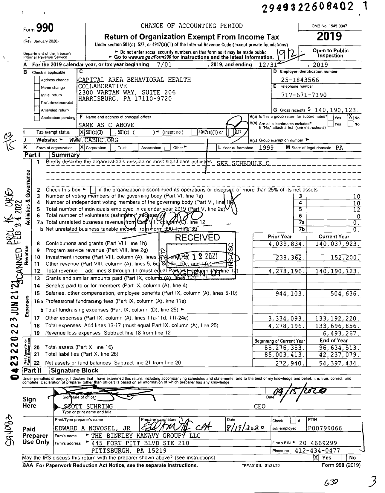 Image of first page of 2019 Form 990 for Capital Area Behavioral Health Collaborative (CABHC)