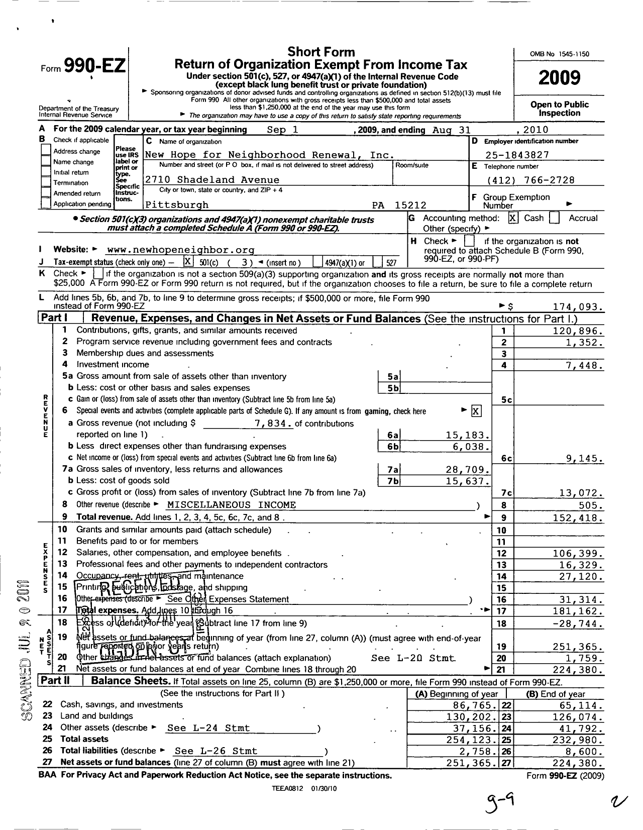 Image of first page of 2009 Form 990EZ for New Hope for Neighborhood Renewal