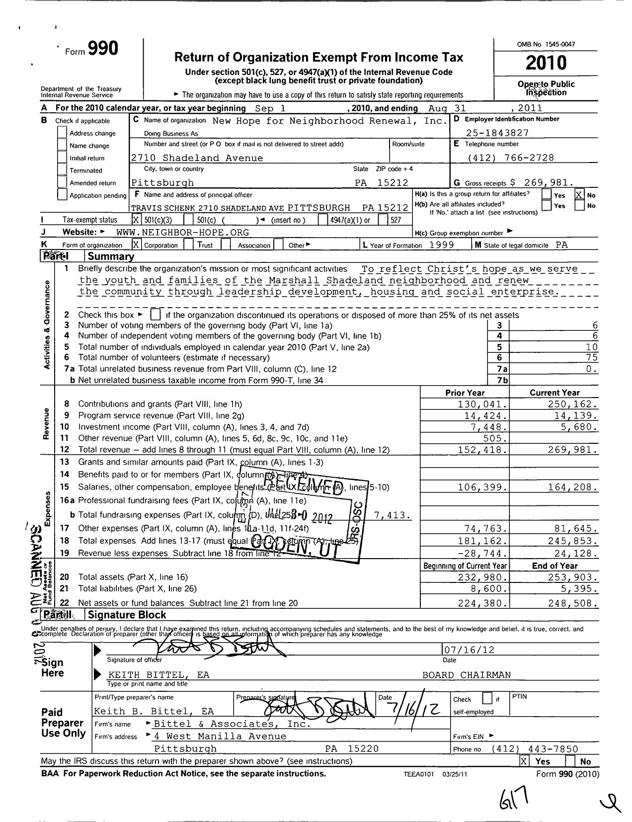 Image of first page of 2010 Form 990 for New Hope for Neighborhood Renewal