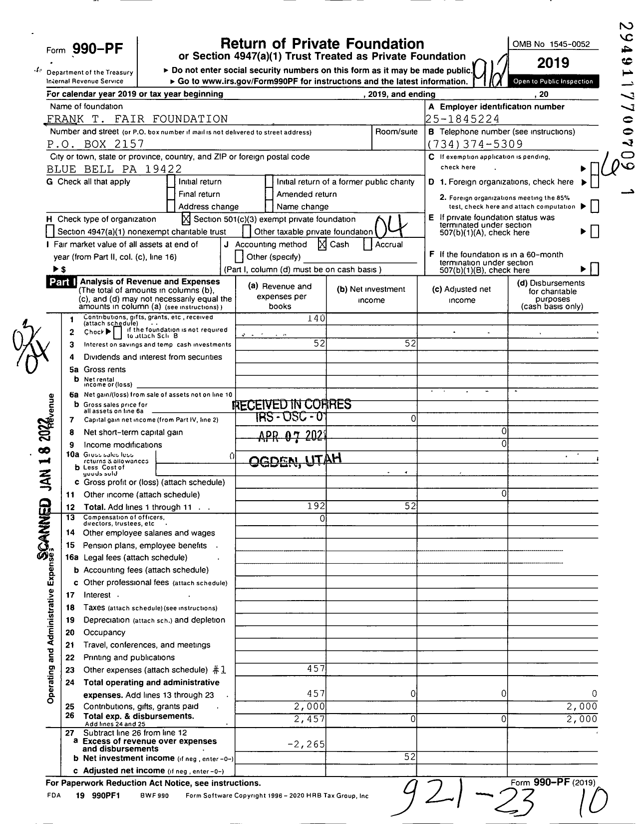 Image of first page of 2019 Form 990PF for Frank T Fair Foundation