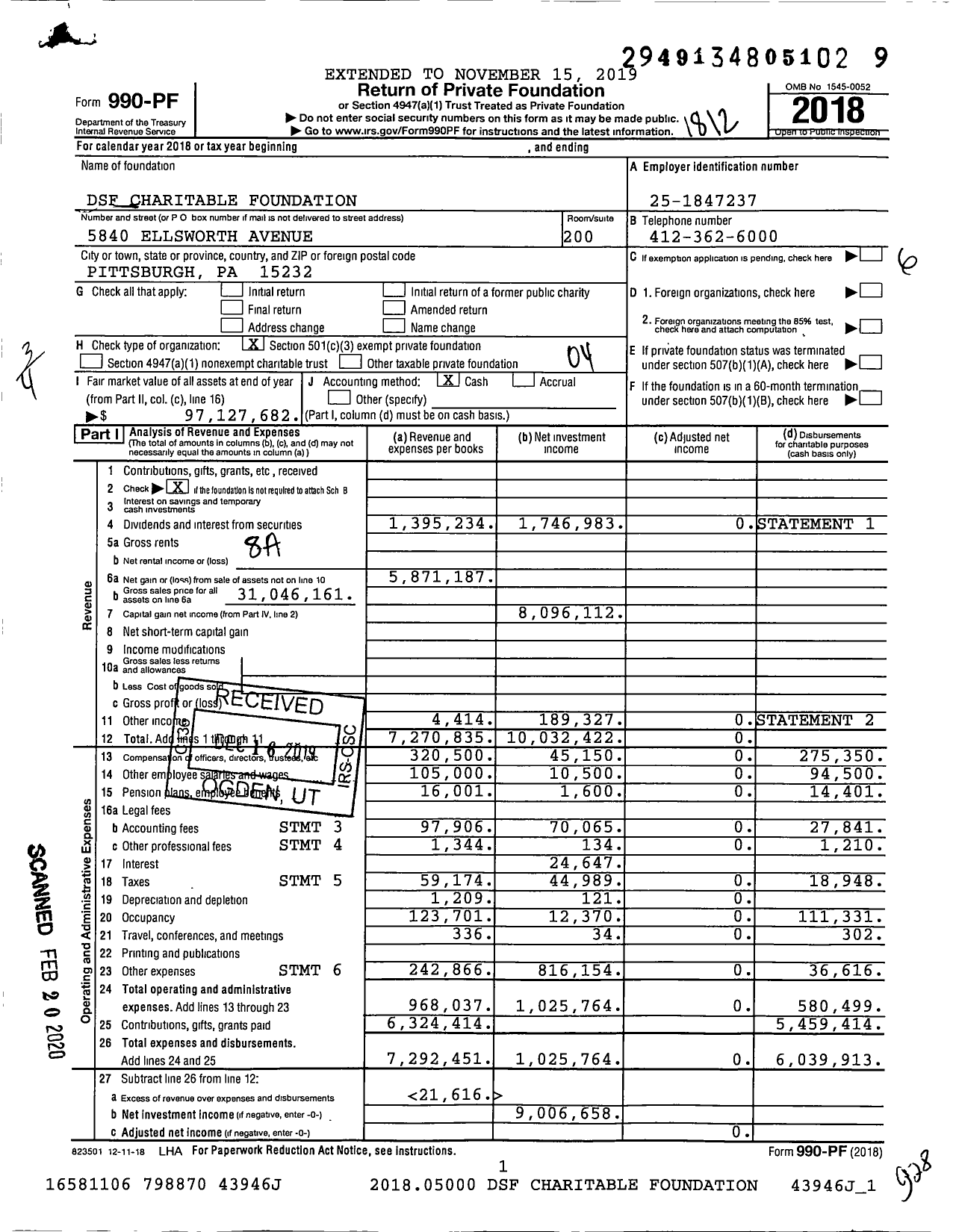 Image of first page of 2018 Form 990PF for DSF Charitable Foundation