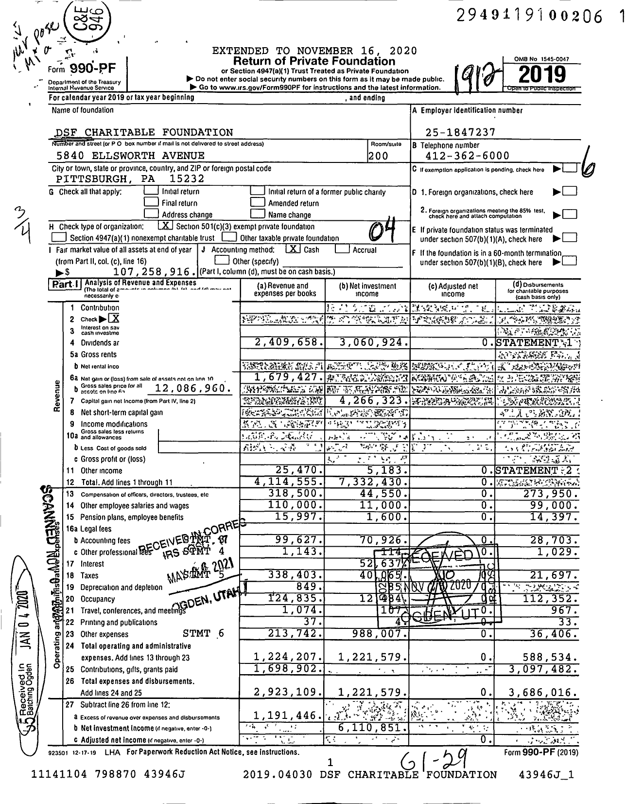 Image of first page of 2019 Form 990PF for DSF Charitable Foundation