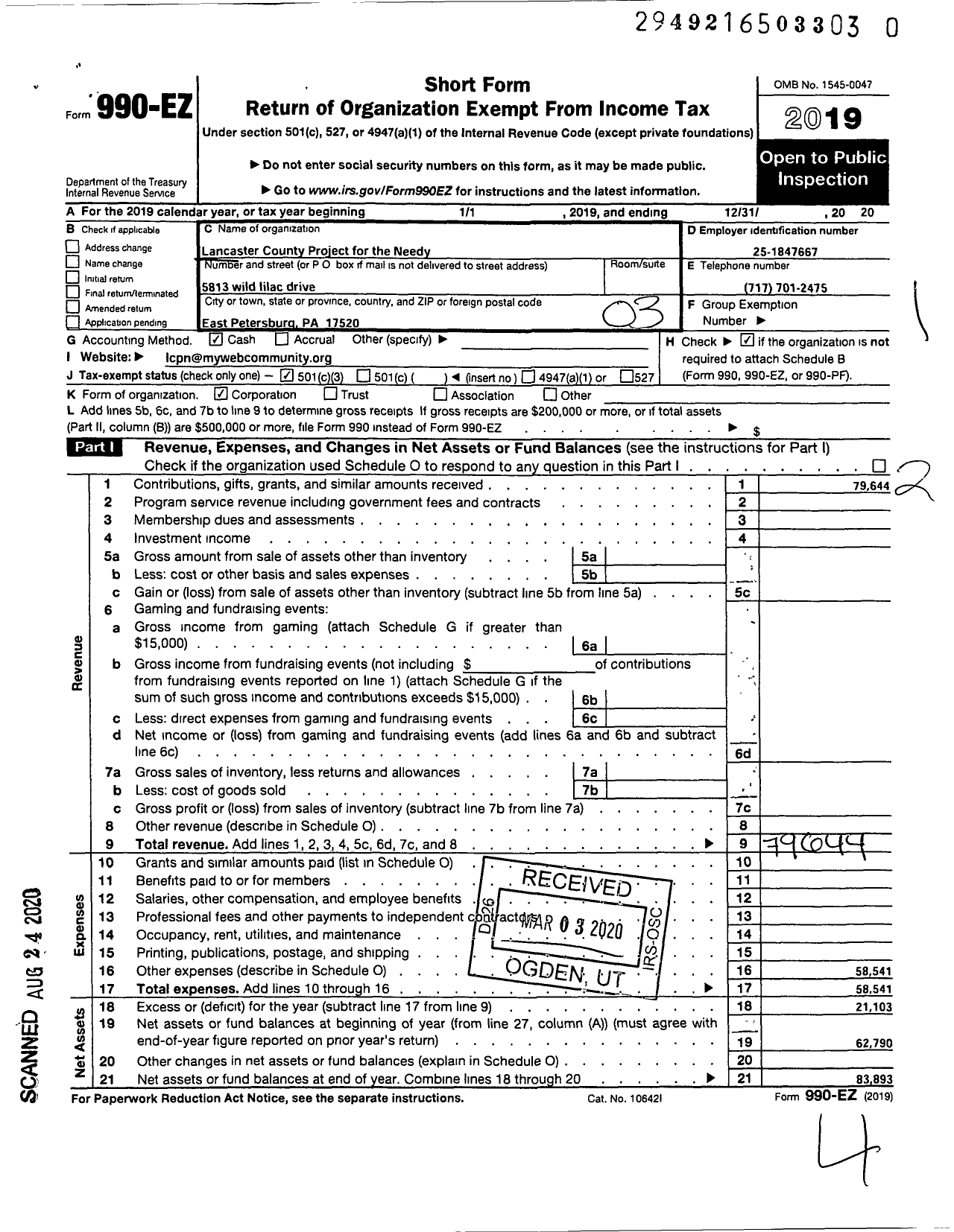 Image of first page of 2020 Form 990EZ for Lancaster County Project for the Needy