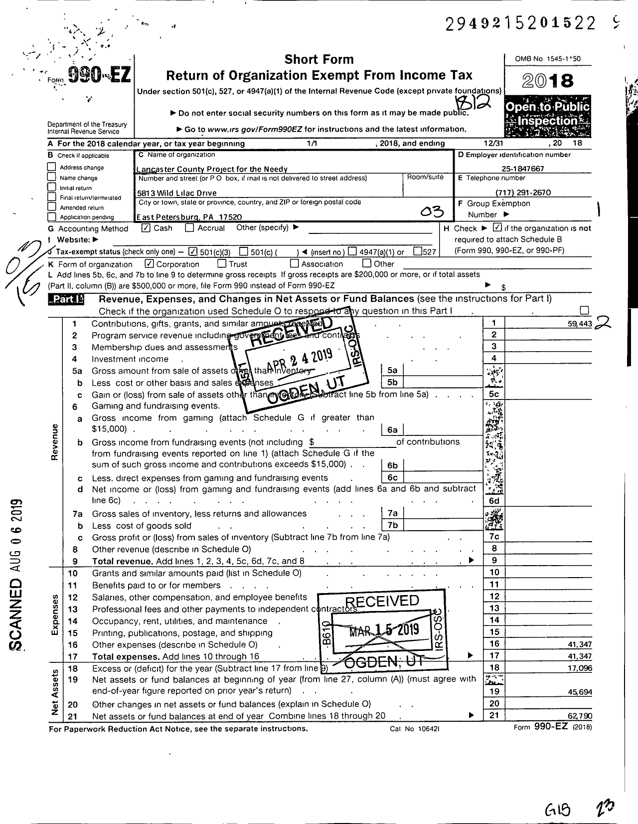 Image of first page of 2018 Form 990EZ for Lancaster County Project for the Needy