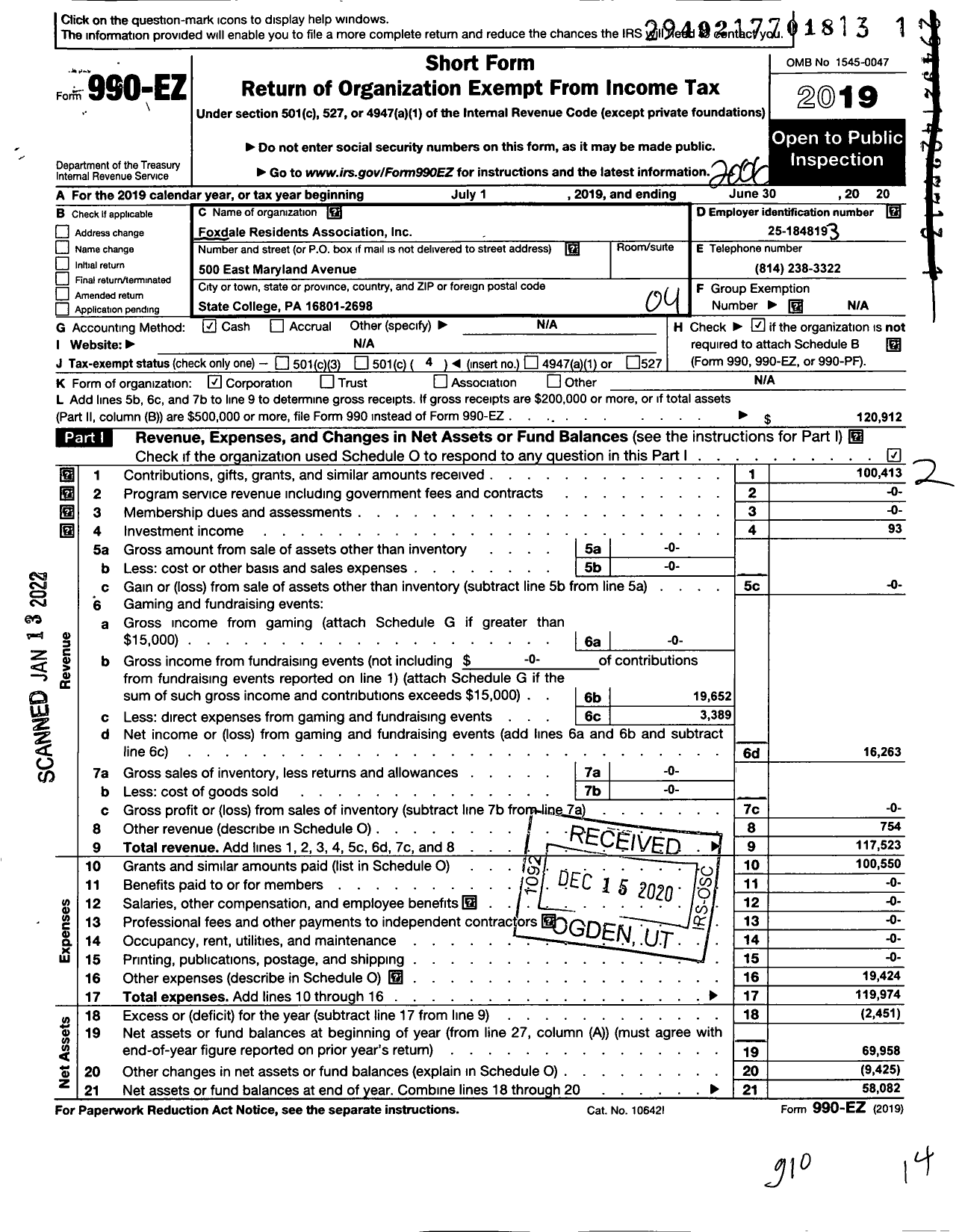 Image of first page of 2019 Form 990EO for Foxdale Resisents Association