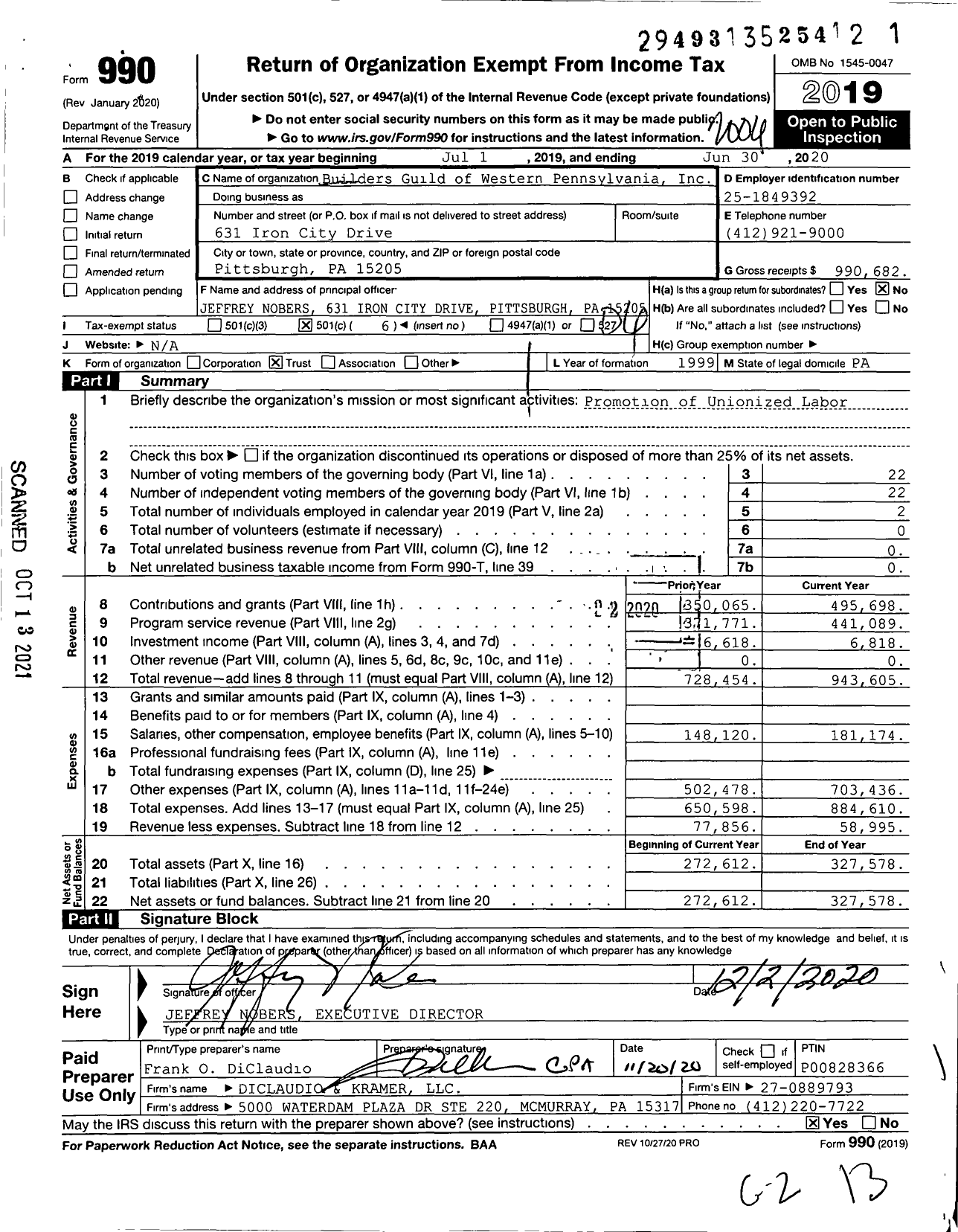 Image of first page of 2019 Form 990O for Builders Guild of Western Pennsylvania