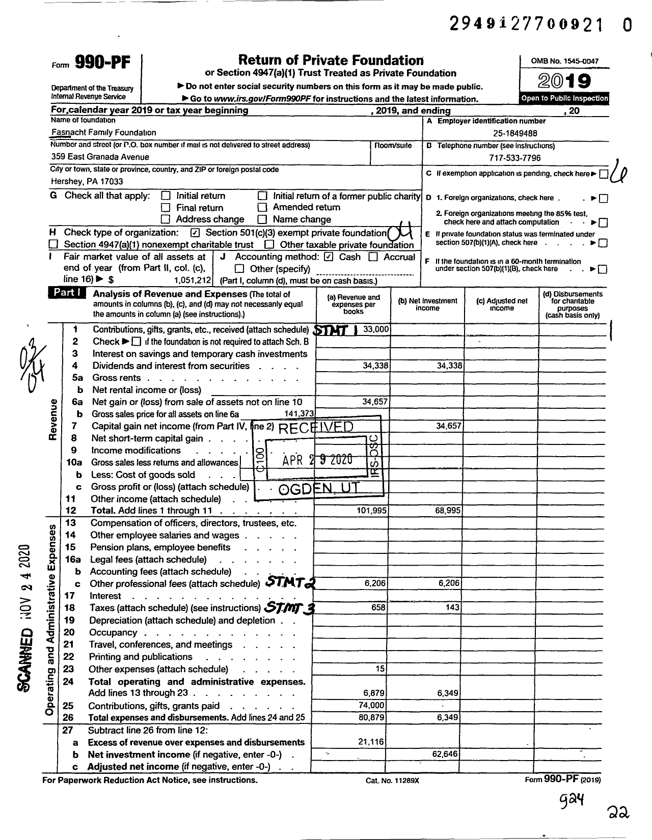 Image of first page of 2019 Form 990PF for Fasnacht Family Foundation