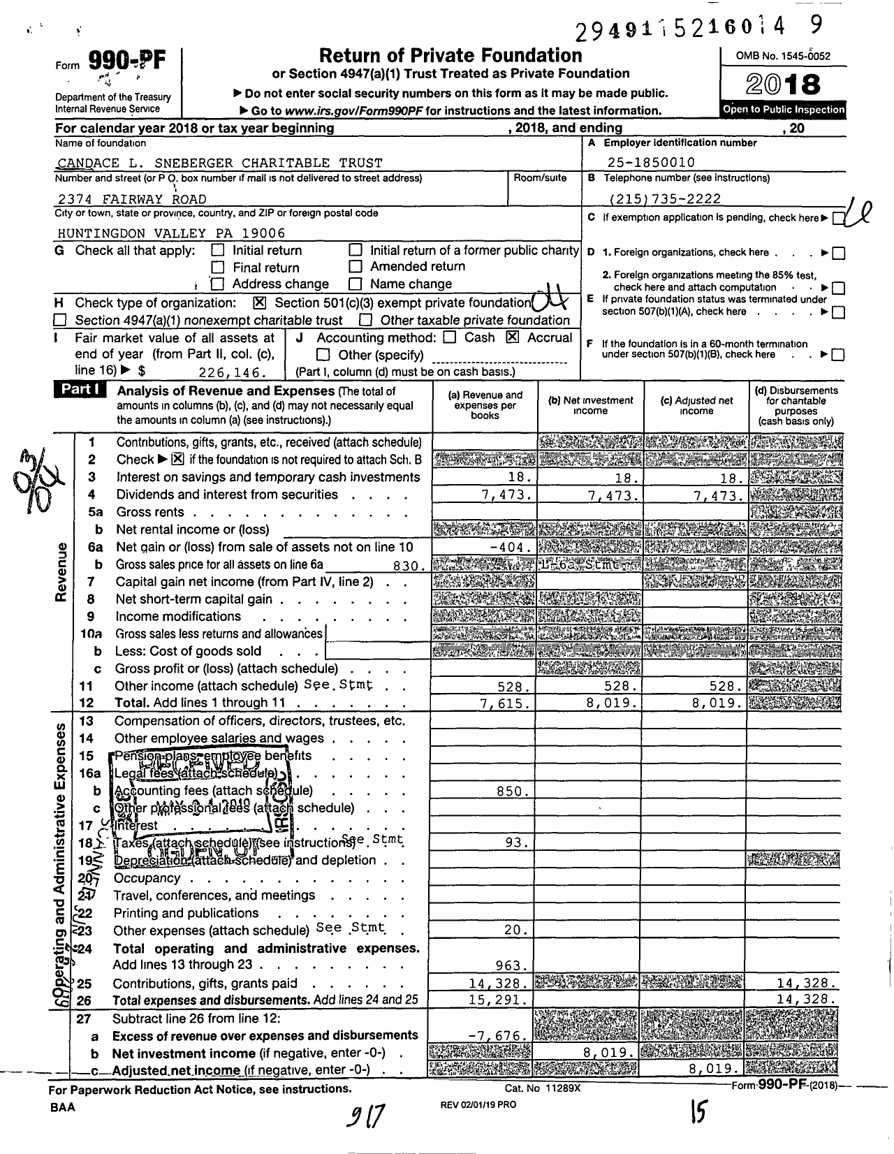 Image of first page of 2018 Form 990PF for Candace L Sneberger Charitable Trust