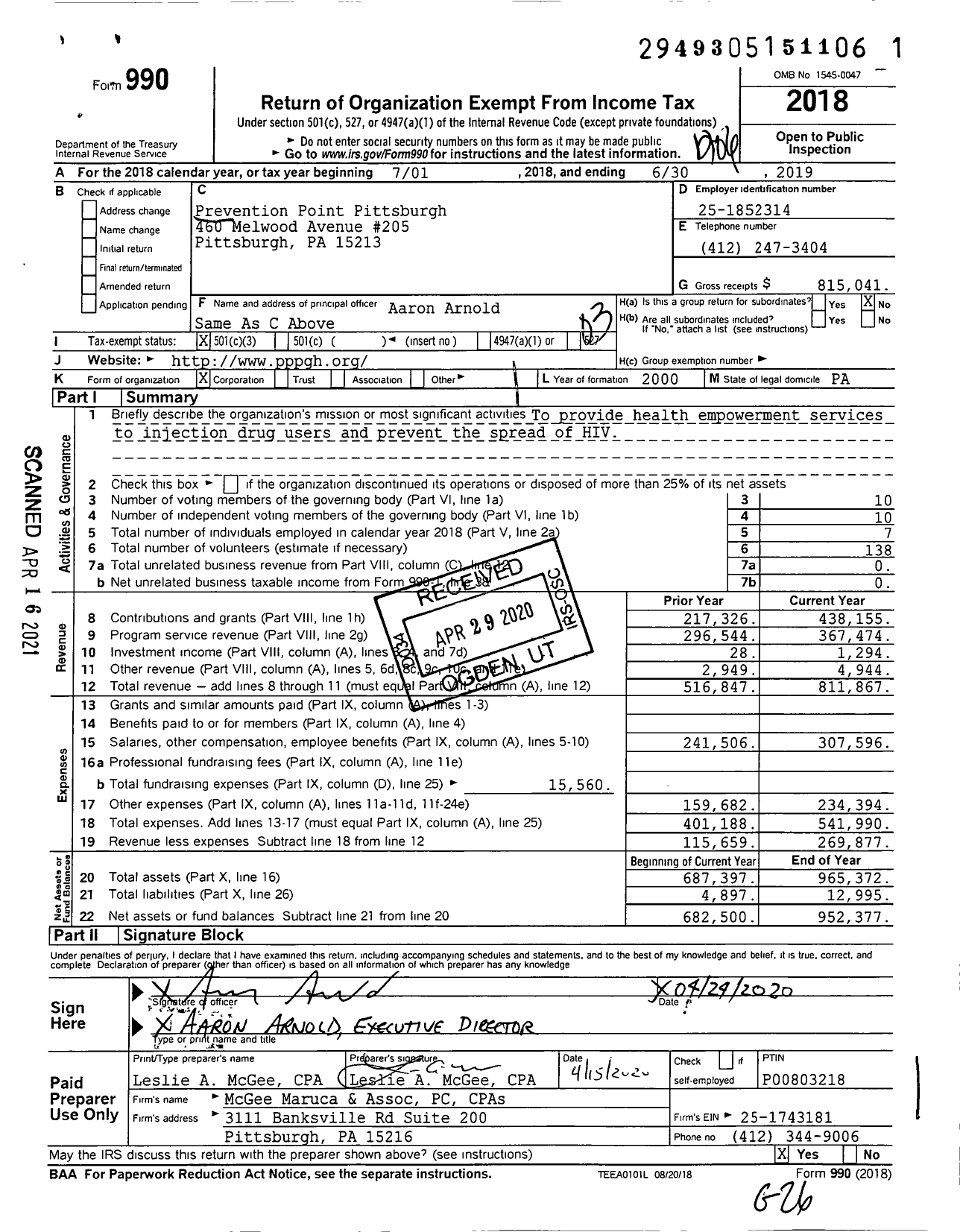 Image of first page of 2018 Form 990 for Prevention Point Pittsburgh