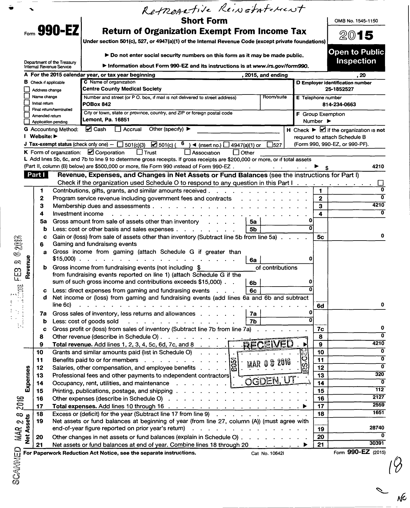 Image of first page of 2015 Form 990EO for Centre County Medical Society