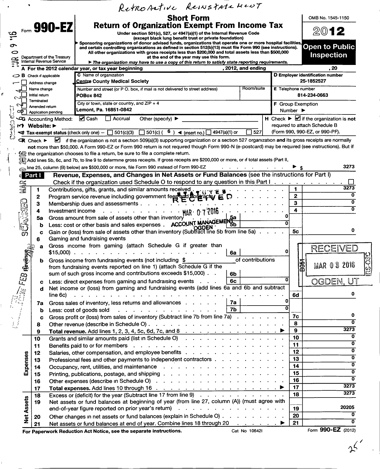 Image of first page of 2012 Form 990EO for Centre County Medical Society