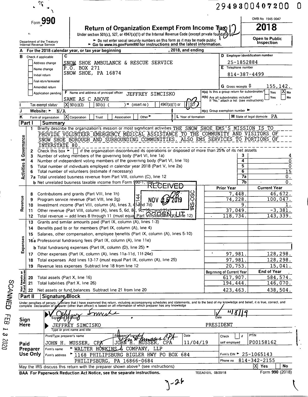 Image of first page of 2018 Form 990 for Snow Shoe Ambulance and Rescue Service