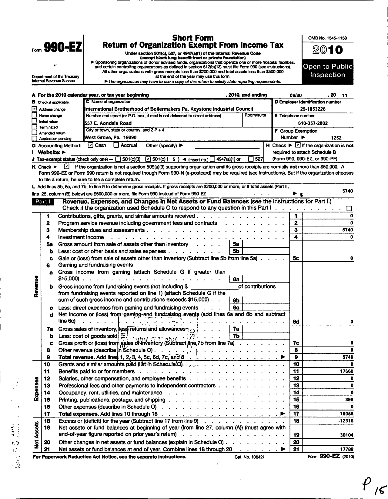 Image of first page of 2010 Form 990EO for International Brotherhood of Boilermakers - Pkic