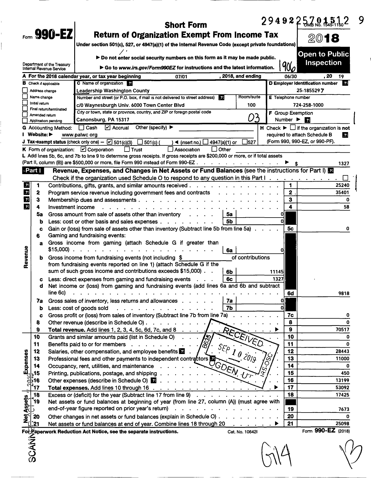 Image of first page of 2018 Form 990EZ for Leadership Washington County