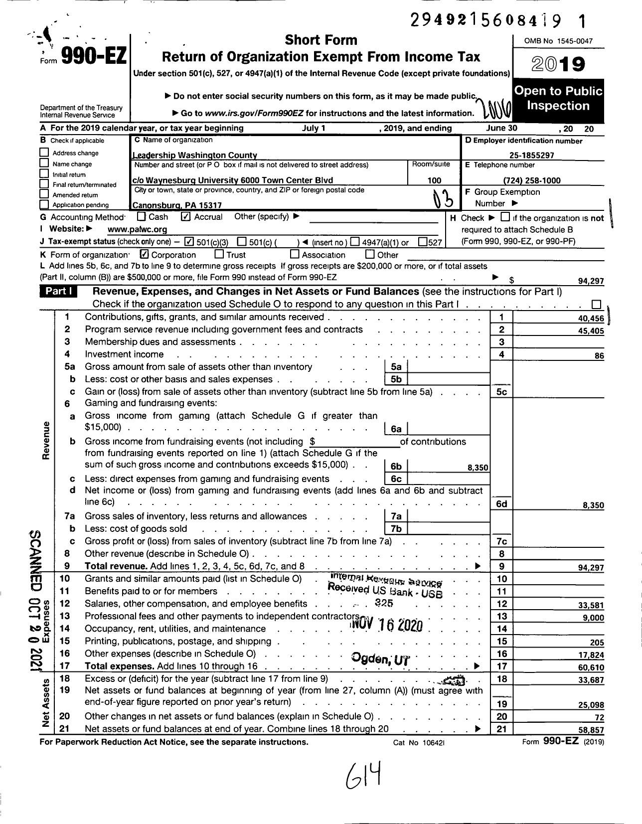 Image of first page of 2019 Form 990EZ for Leadership Washington County