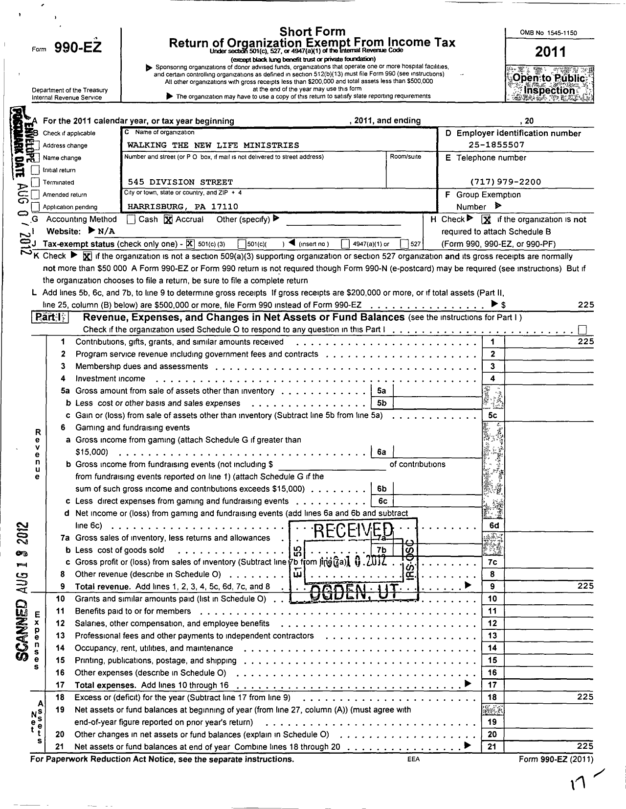 Image of first page of 2011 Form 990EZ for Walking the New Life Ministries