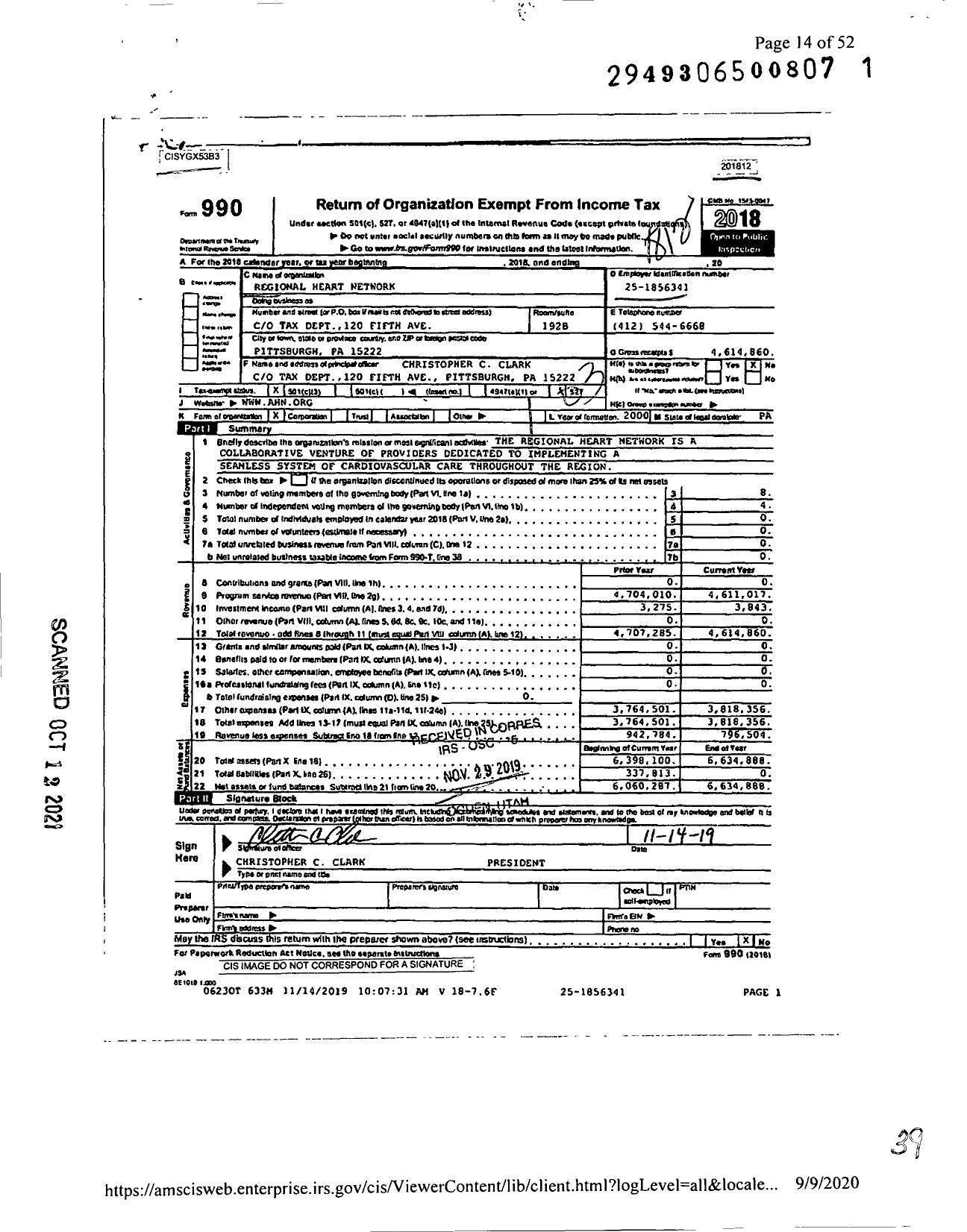 Image of first page of 2018 Form 990 for Regional Heart Network