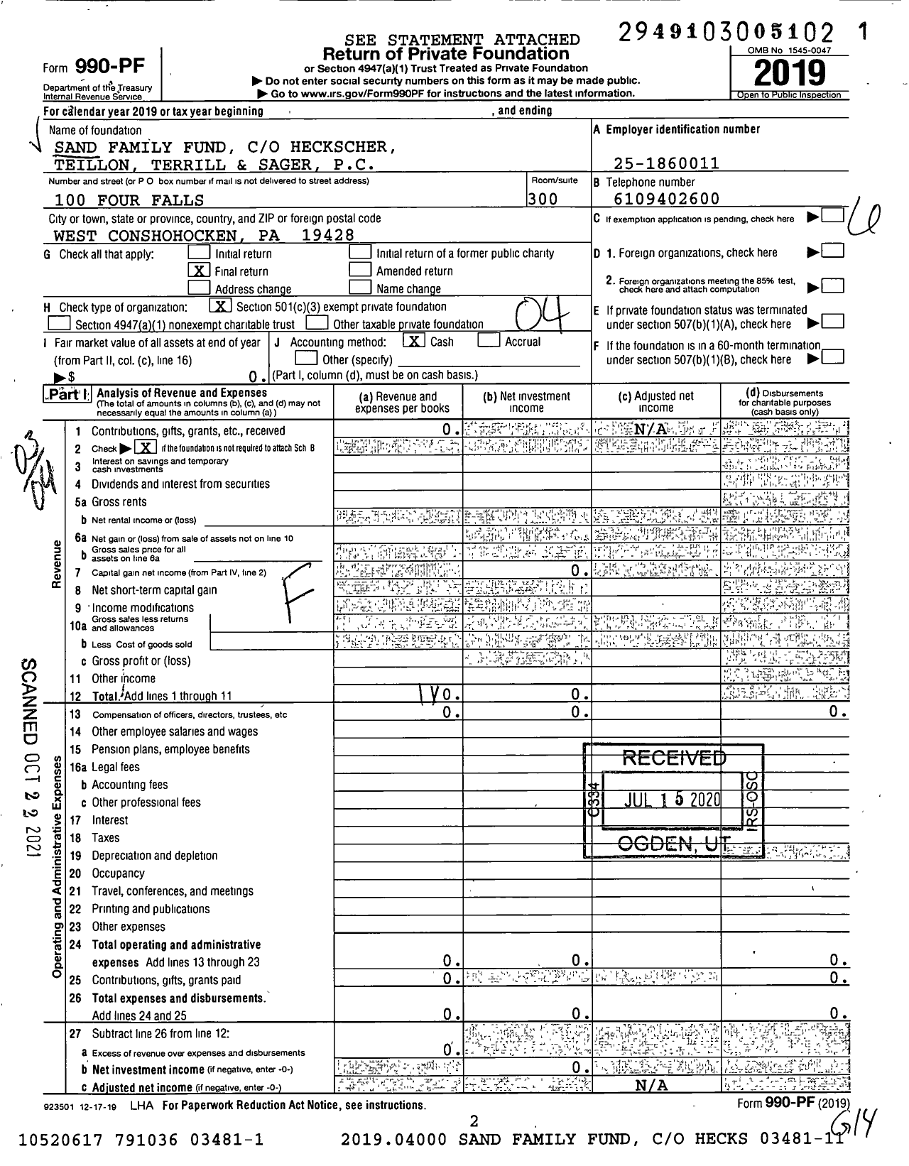 Image of first page of 2019 Form 990PF for Sand Family Fund