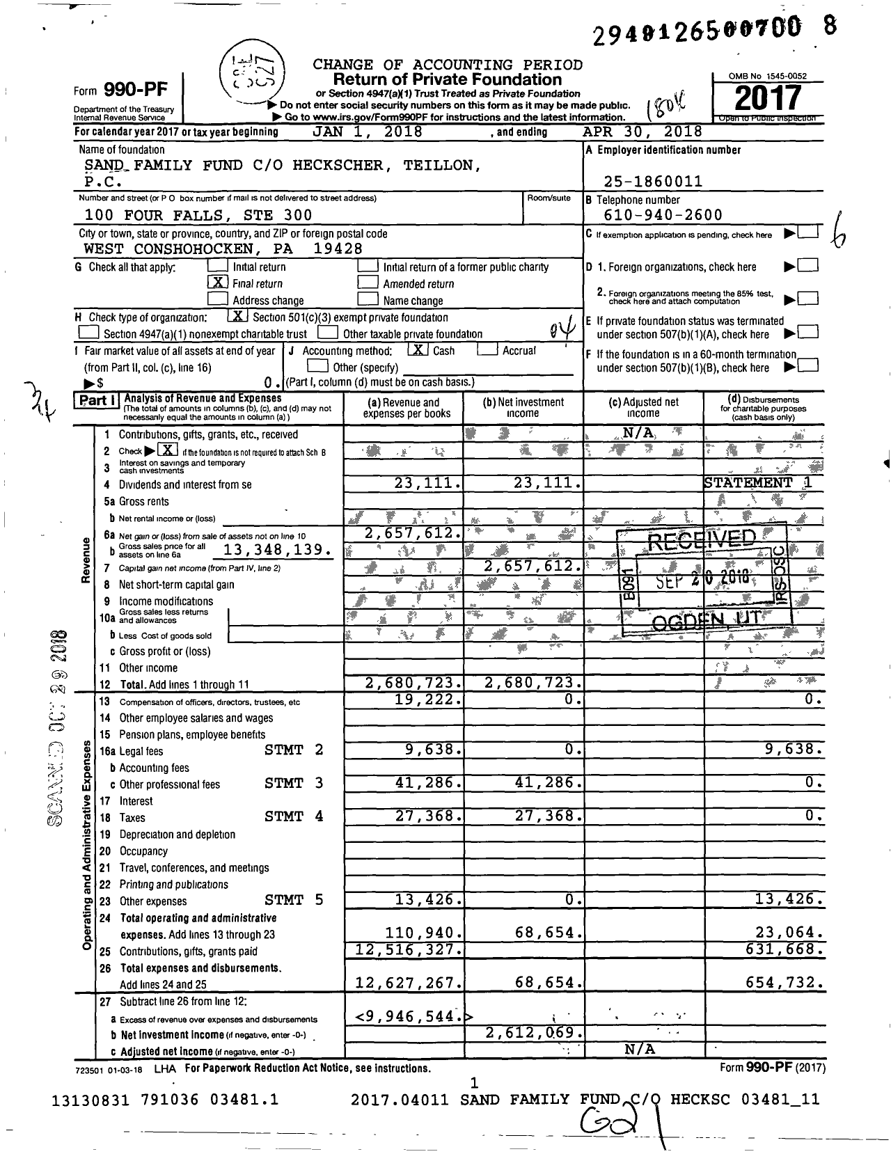 Image of first page of 2017 Form 990PF for Sand Family Fund