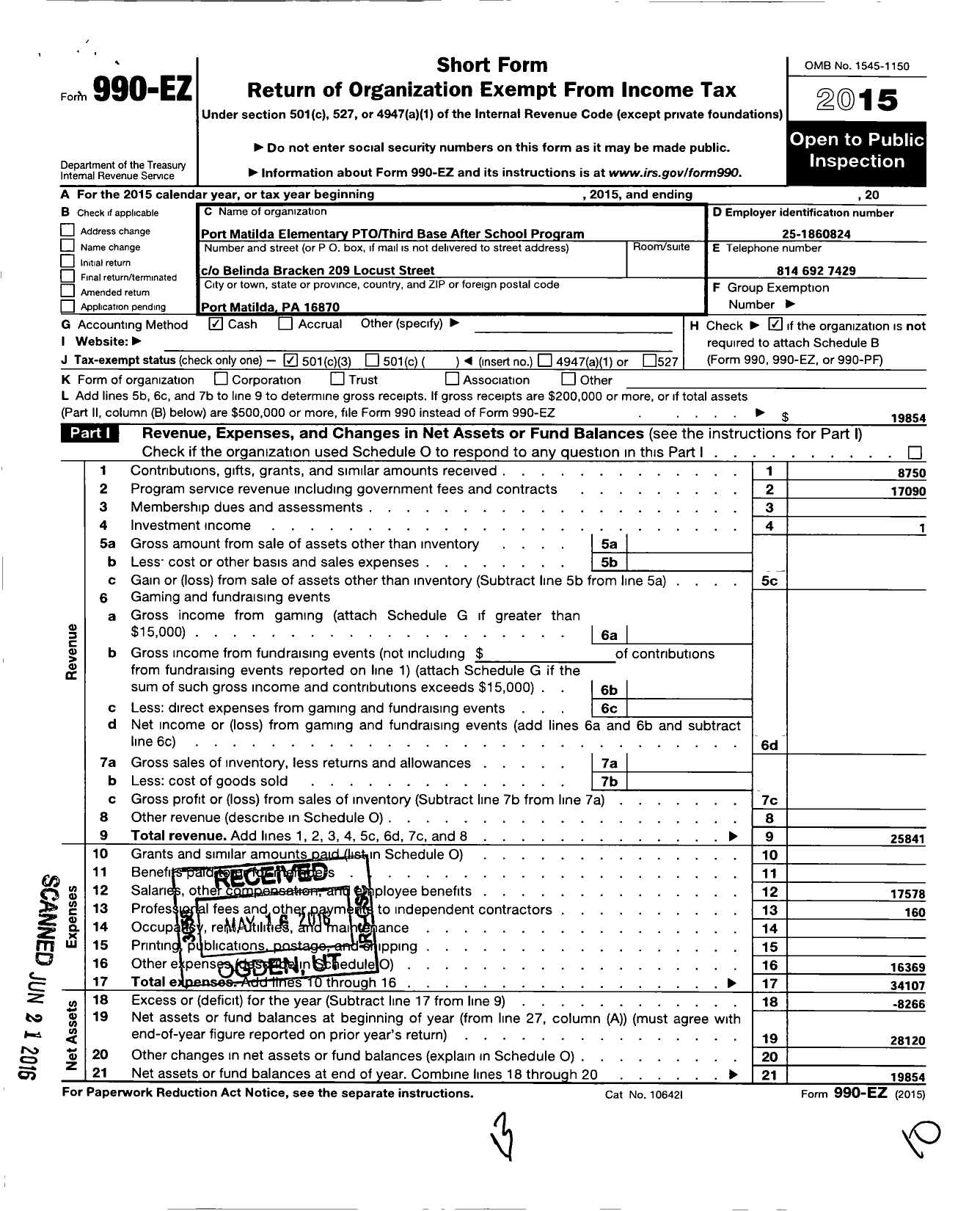 Image of first page of 2015 Form 990EZ for Port Matilda Elementary Parent and Teacher Organization