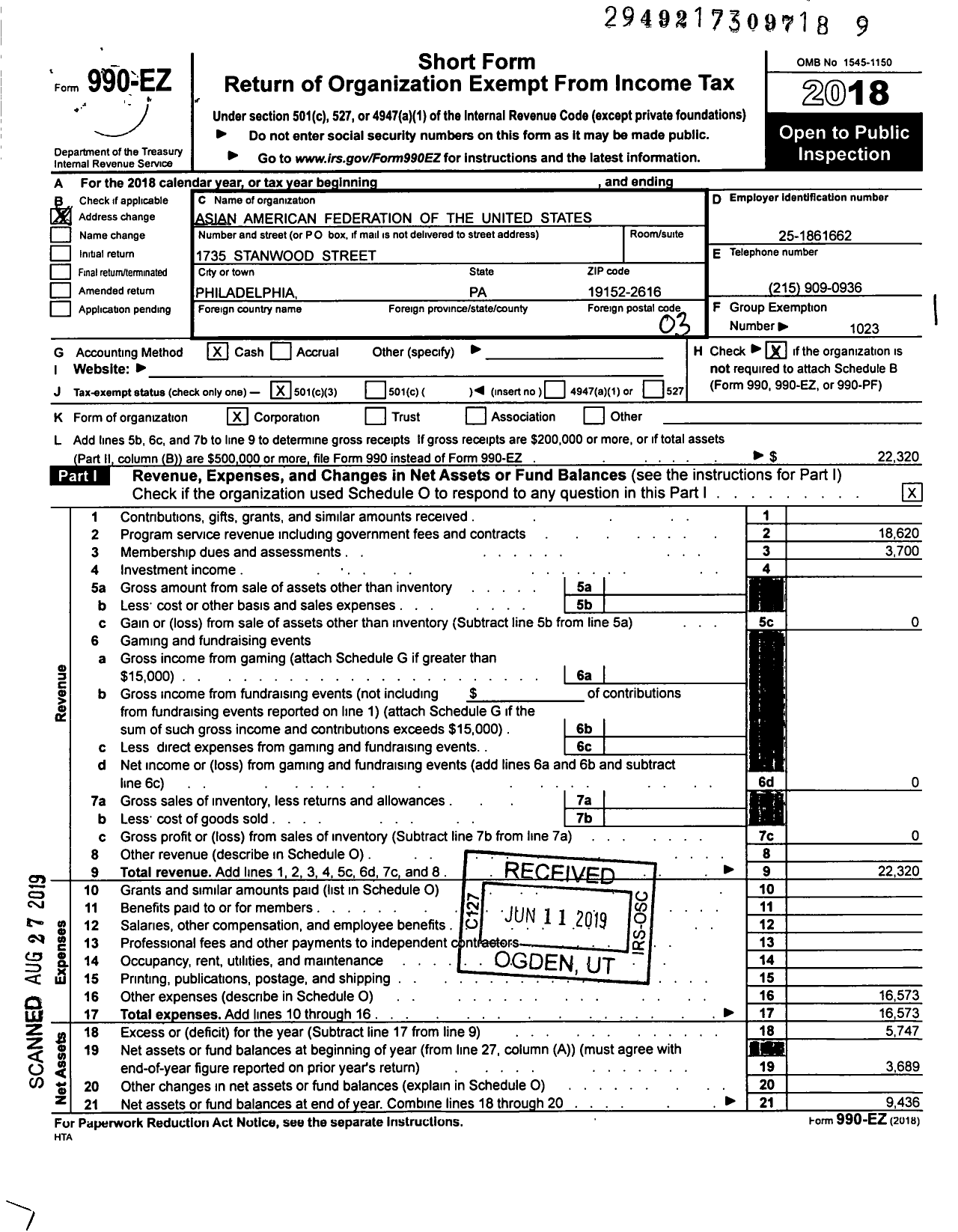 Image of first page of 2018 Form 990EZ for Asian American Federation of the United States