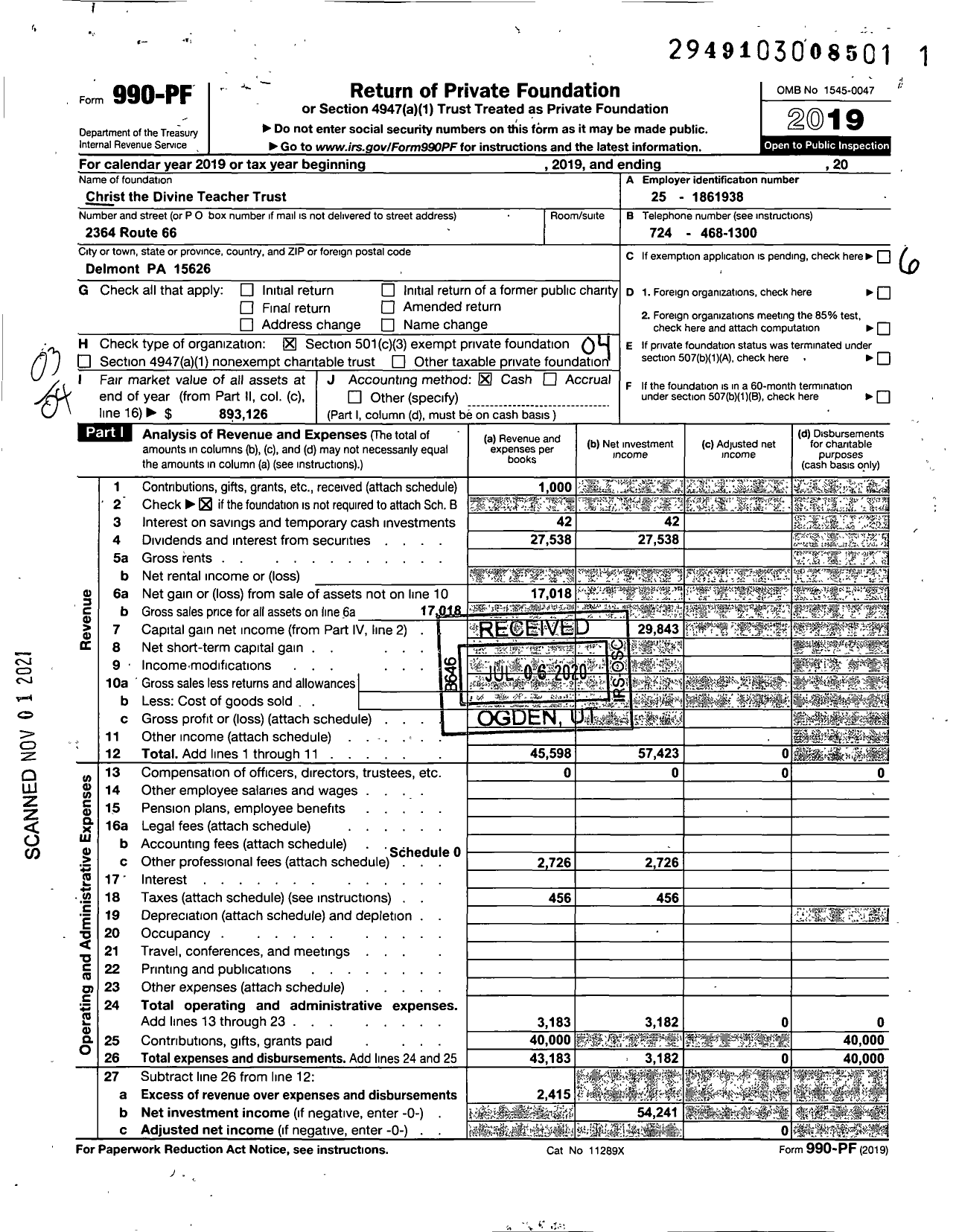 Image of first page of 2019 Form 990PF for Christ The Divine Teacher Trust