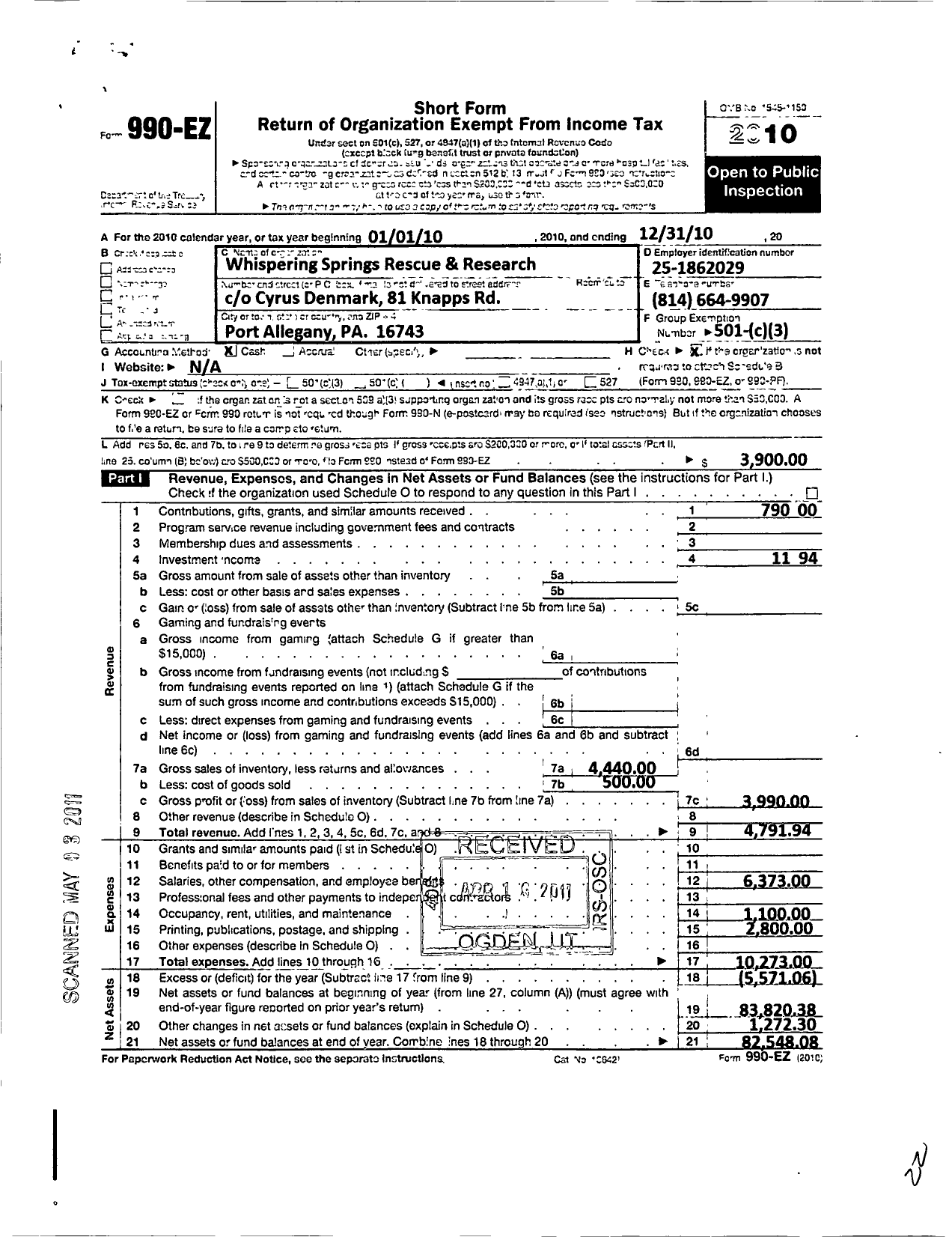 Image of first page of 2010 Form 990EO for Whispering Springs Rescue and Research