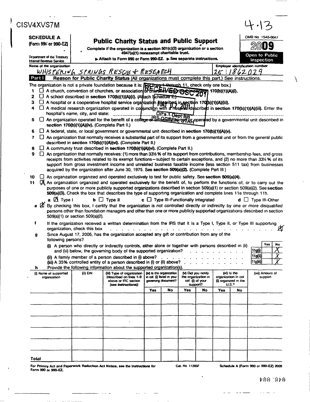 Image of first page of 2009 Form 990ER for Whispering Springs Rescue and Research