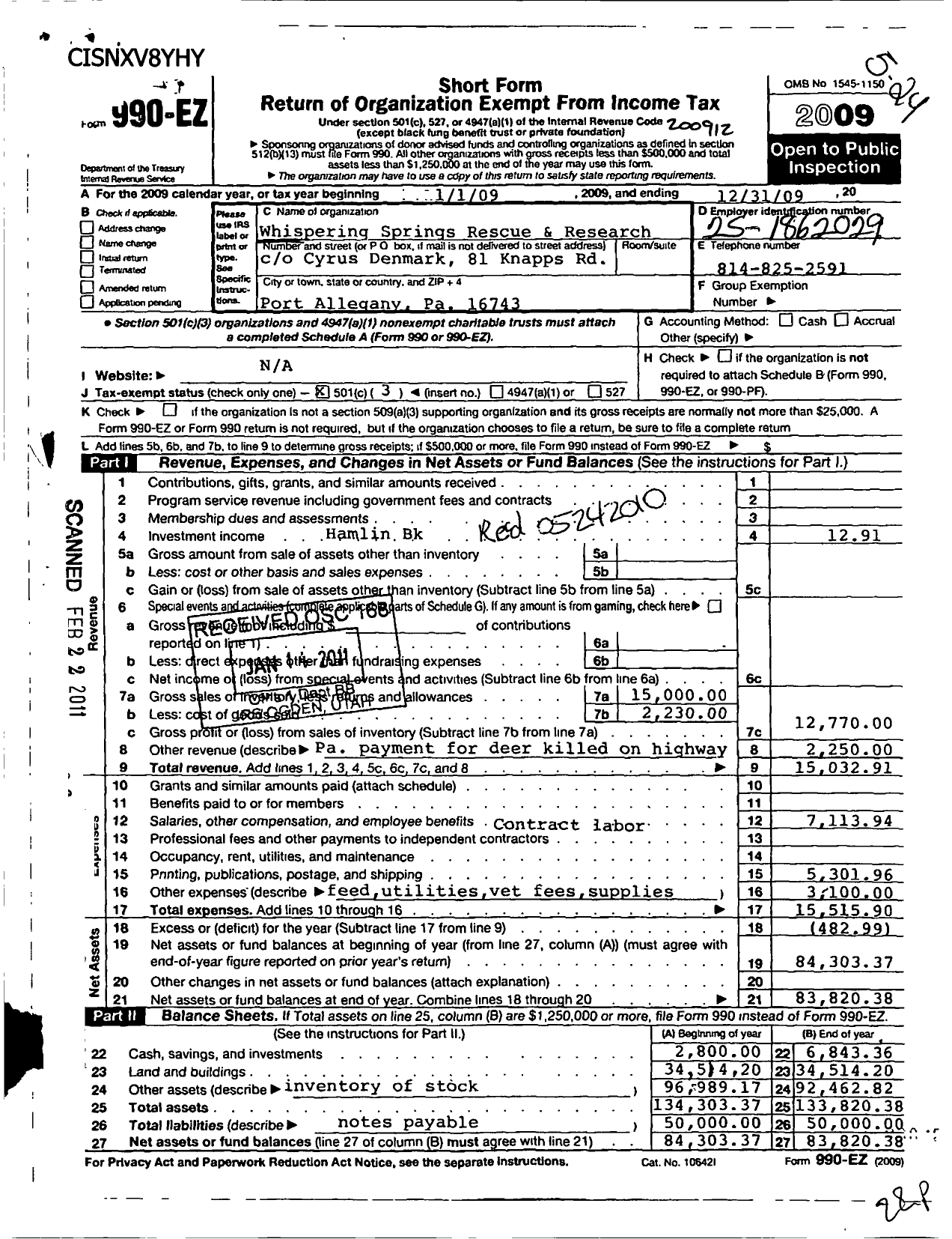 Image of first page of 2009 Form 990EZ for Whispering Springs Rescue and Research