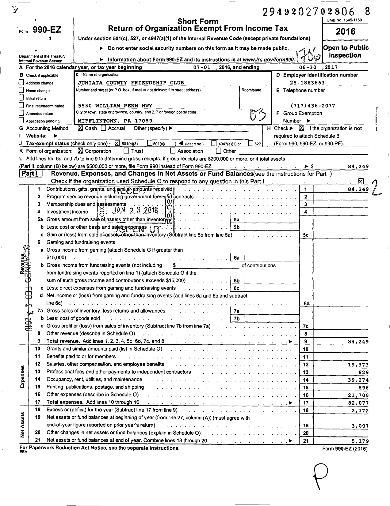 Image of first page of 2016 Form 990EZ for Juniata County Friendship Club