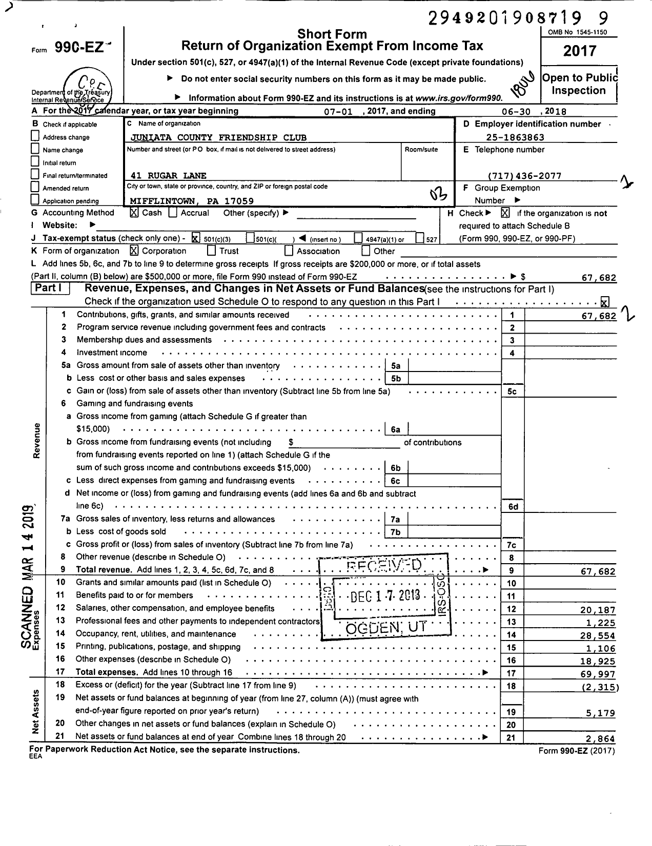 Image of first page of 2017 Form 990EZ for Juniata County Friendship Club