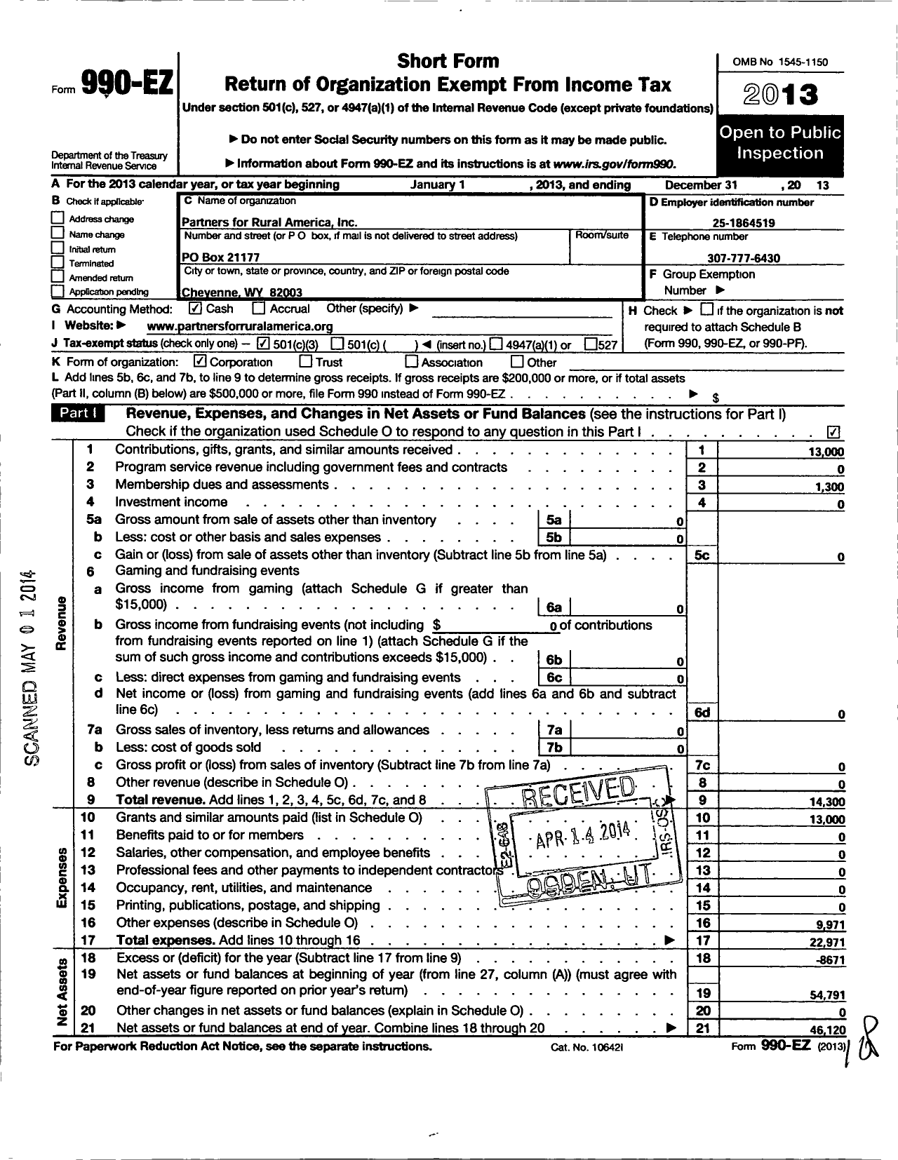 Image of first page of 2013 Form 990EZ for Partners for Rural America