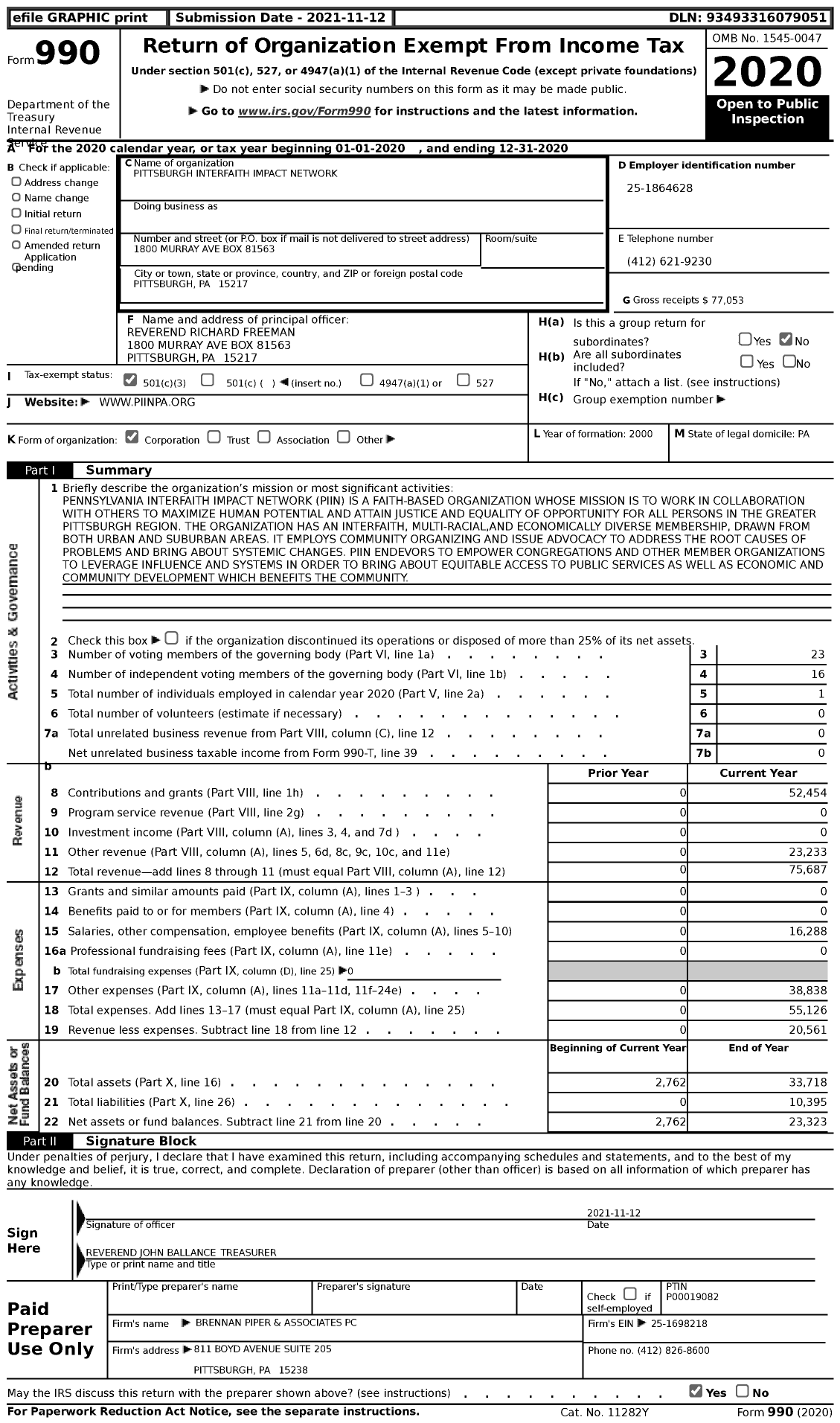 Image of first page of 2020 Form 990 for Pittsburgh Interfaith Impact Pennsylvania Interfaith Impact Network