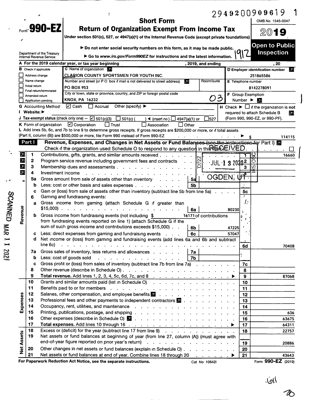 Image of first page of 2019 Form 990EZ for Clarion County Sportsmen for Youth