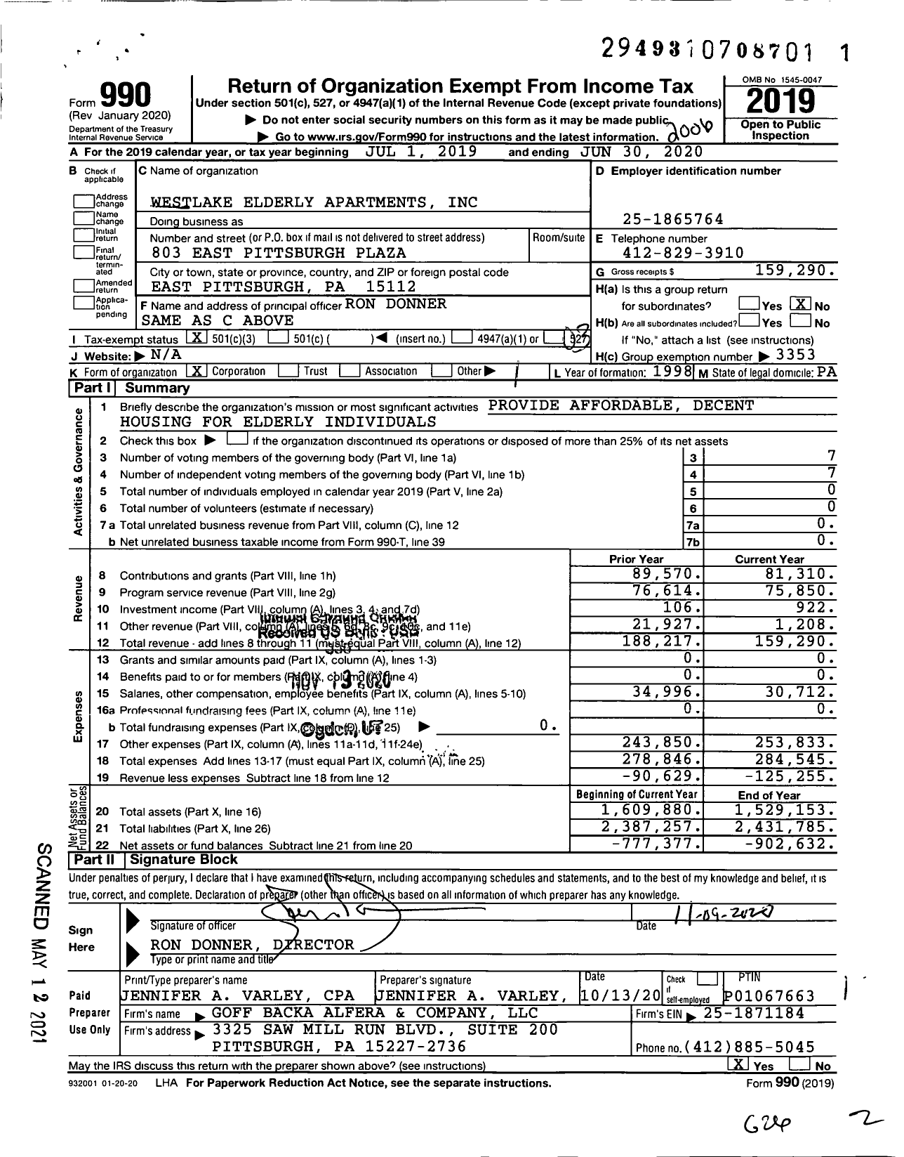 Image of first page of 2019 Form 990 for Westlake Elderly Apartments