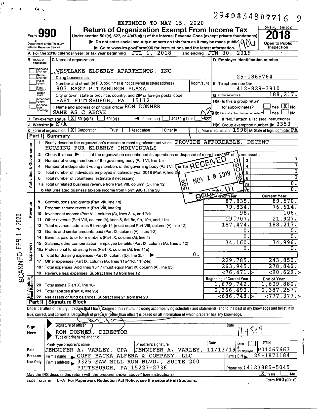 Image of first page of 2018 Form 990 for Westlake Elderly Apartments