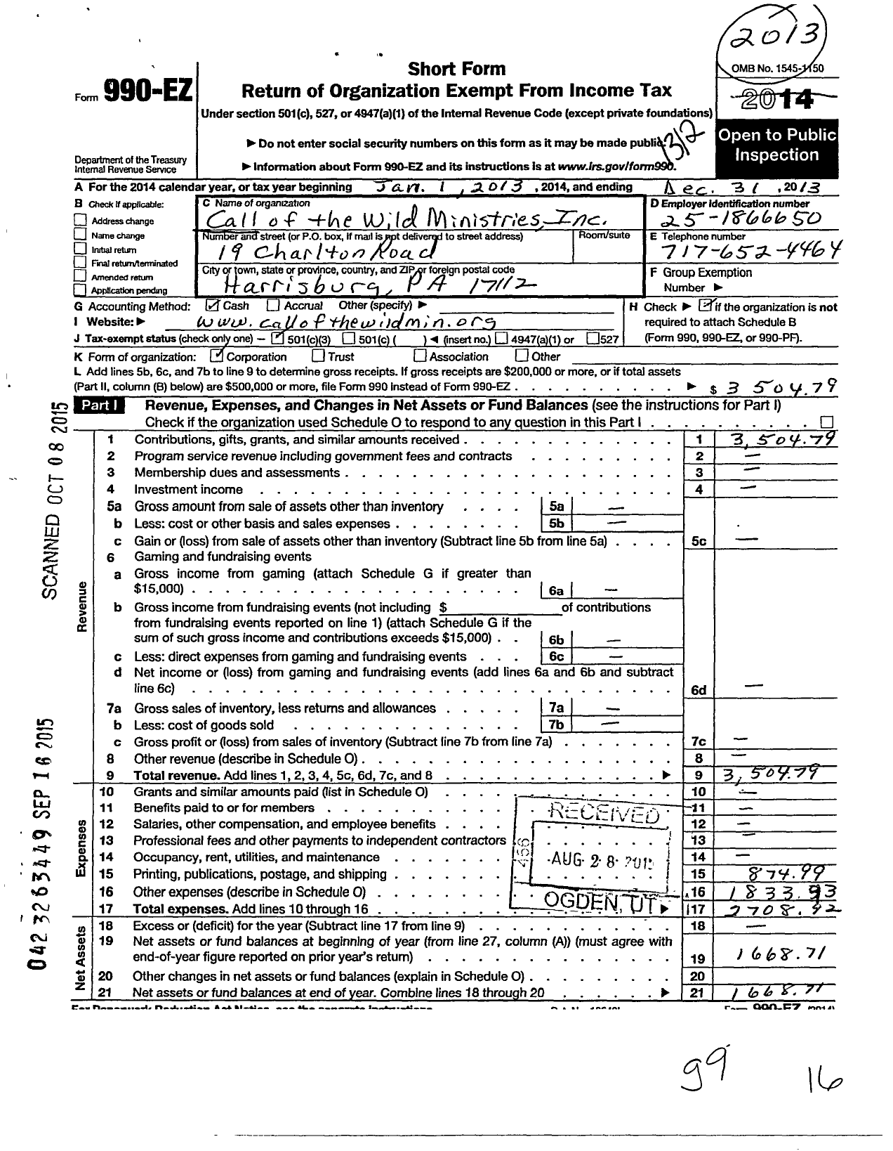 Image of first page of 2013 Form 990EZ for Call of the Wild Ministries