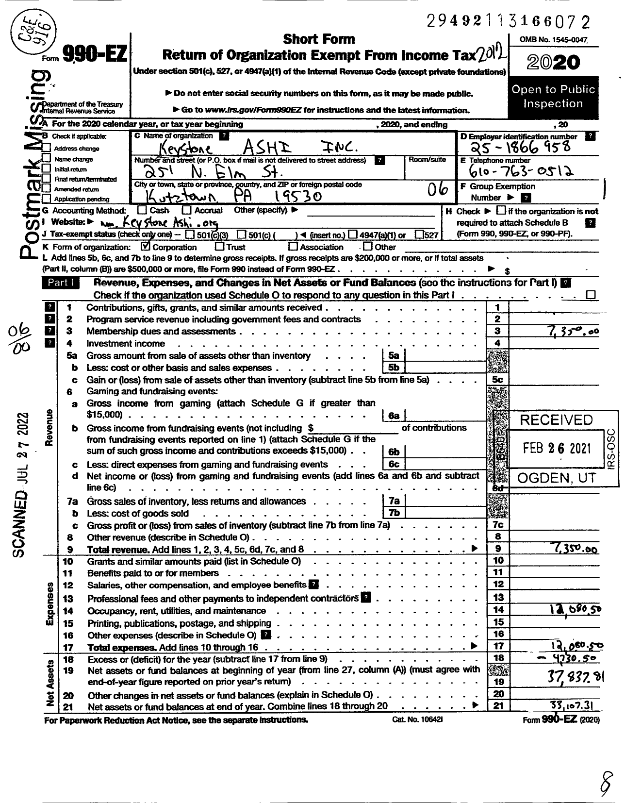 Image of first page of 2020 Form 990EO for Keystone Ashi