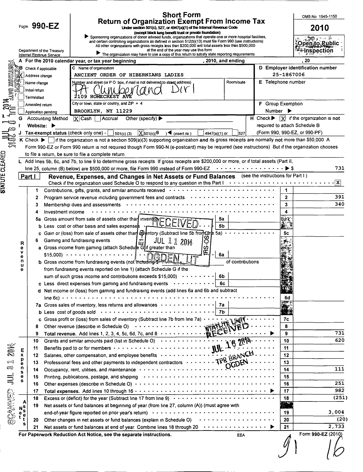 Image of first page of 2010 Form 990EO for Ancient Order of Hibernians Ladies