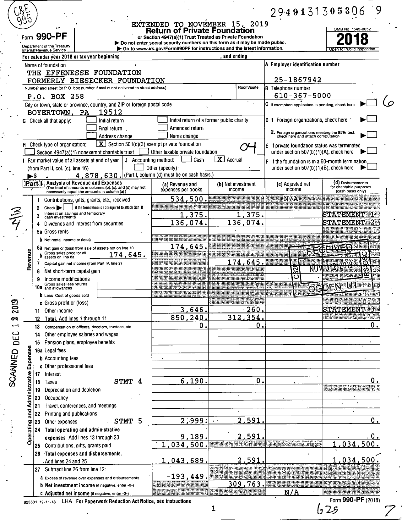 Image of first page of 2018 Form 990PF for The Effenesse Foundation