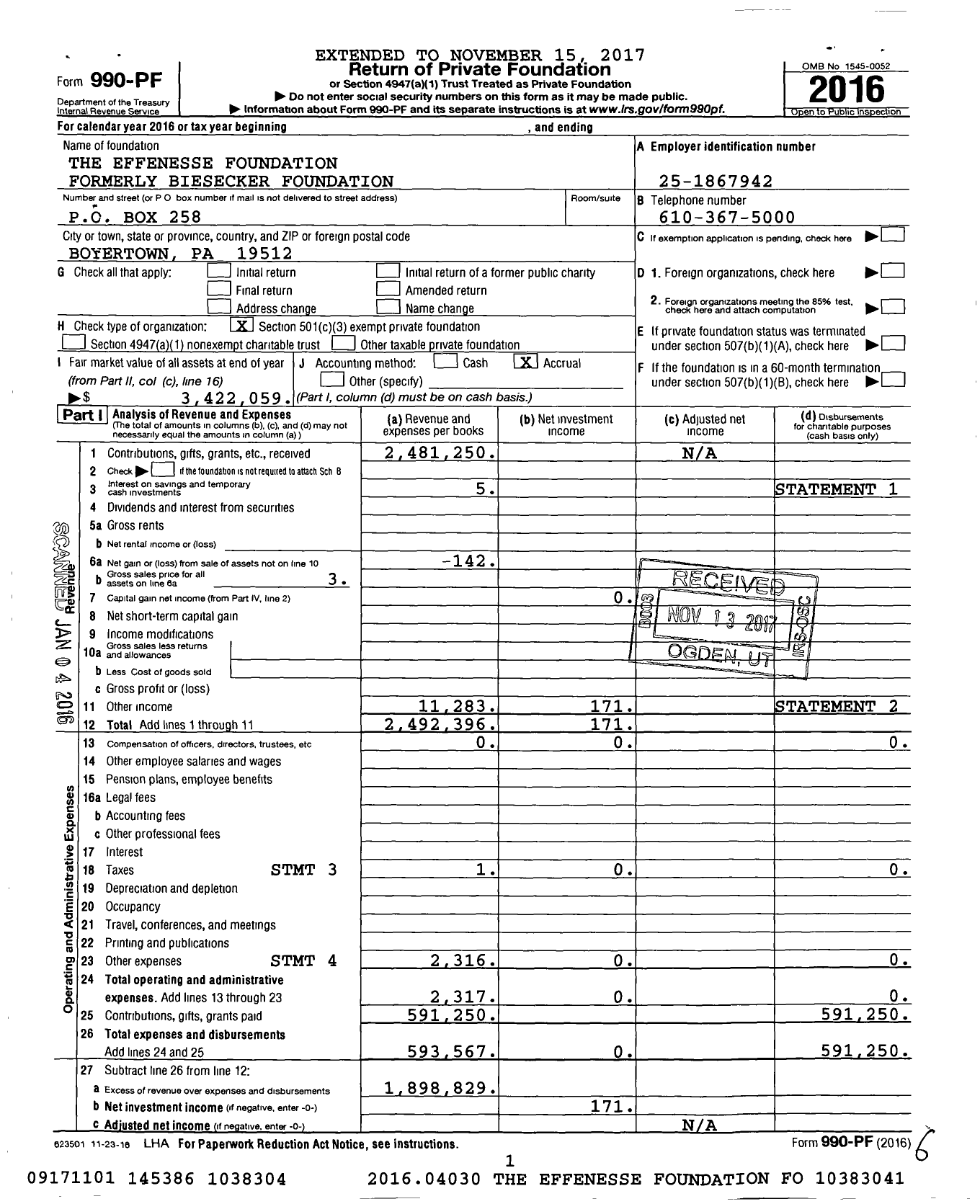 Image of first page of 2016 Form 990PF for The Effenesse Foundation