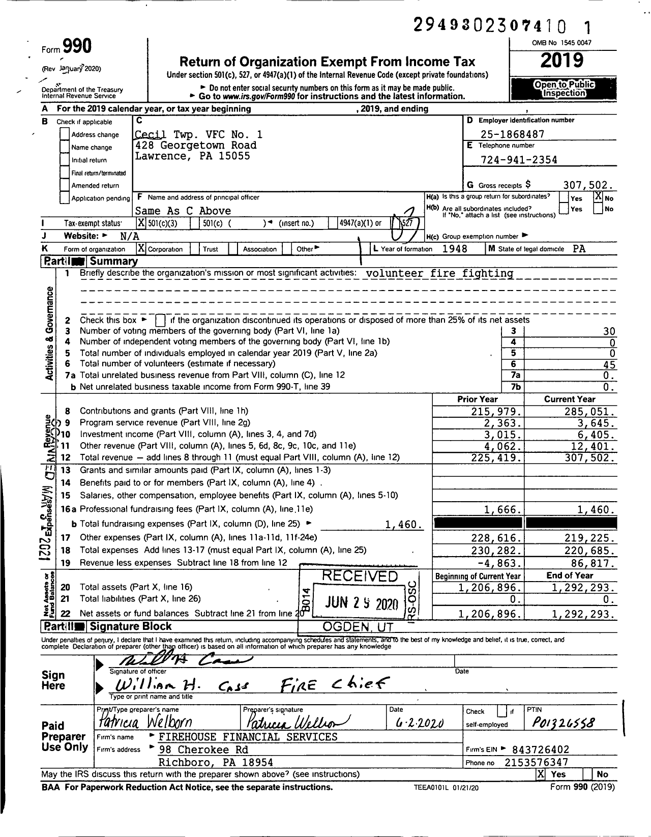 Image of first page of 2019 Form 990 for Cecil Township Volunteer Fire Company No 1 of Lawrence