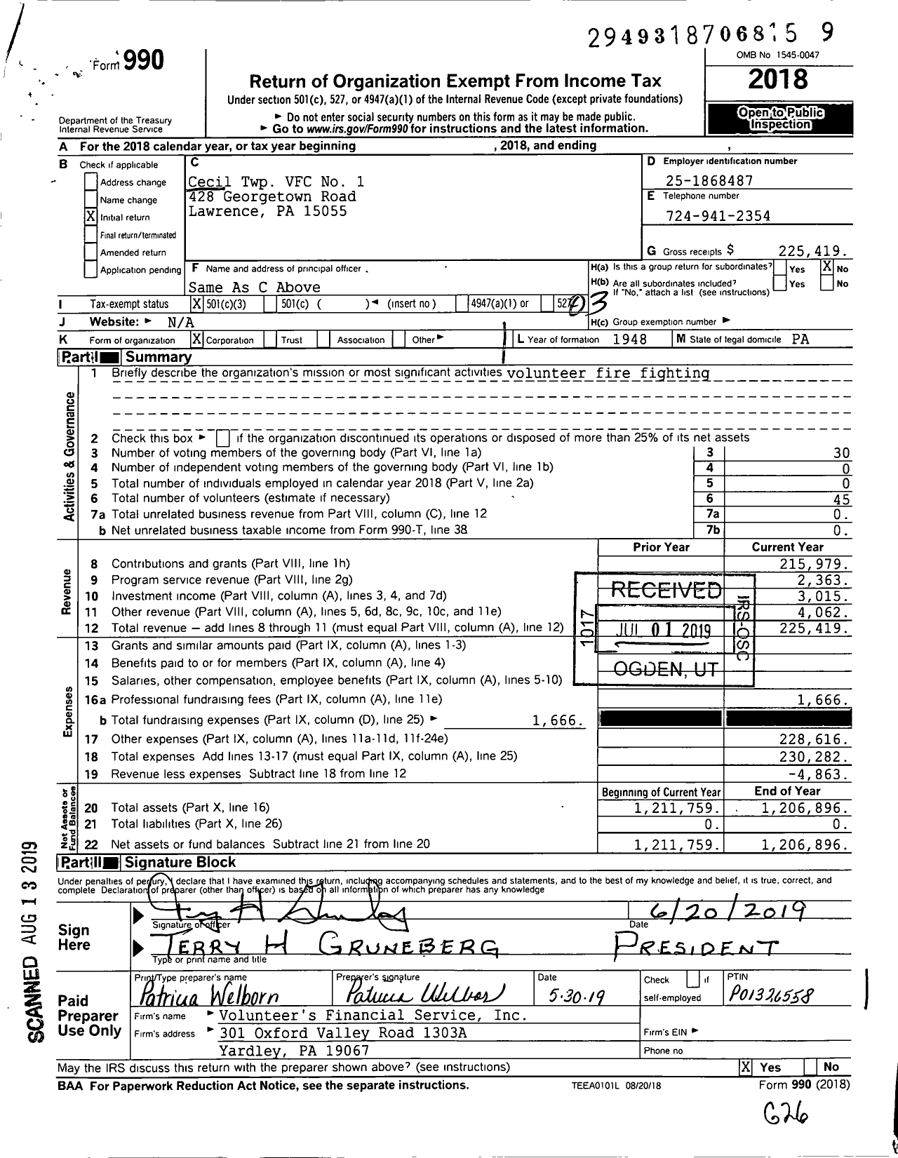 Image of first page of 2018 Form 990 for Cecil Township Volunteer Fire Company No 1 of Lawrence