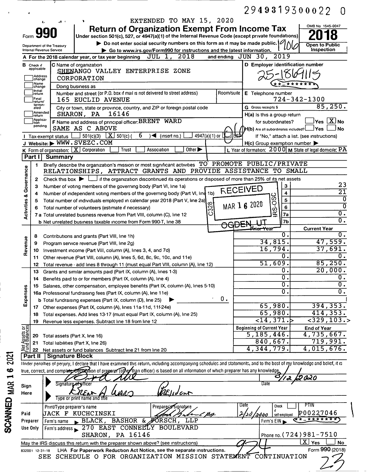 Image of first page of 2018 Form 990O for Shenango Valley Enterprise Zone Corporation