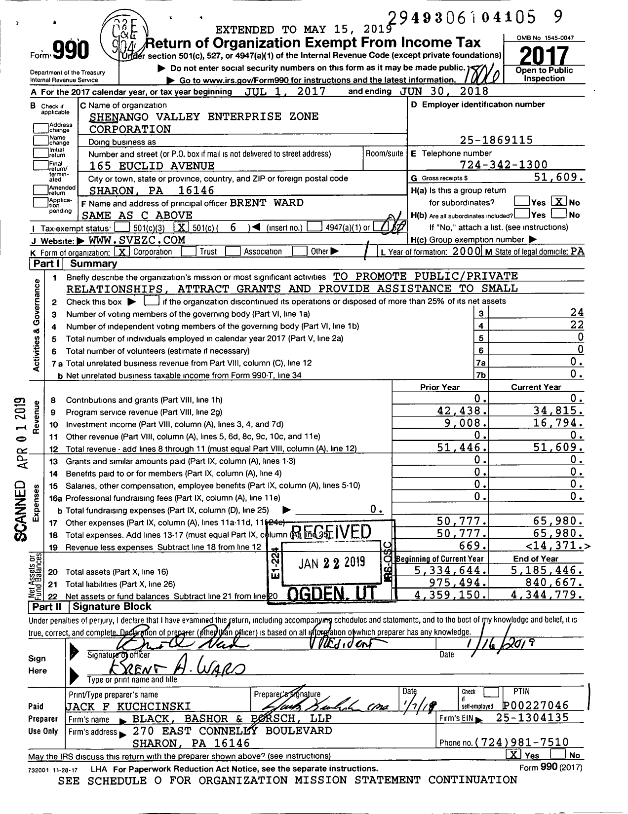 Image of first page of 2017 Form 990O for Shenango Valley Enterprise Zone Corporation