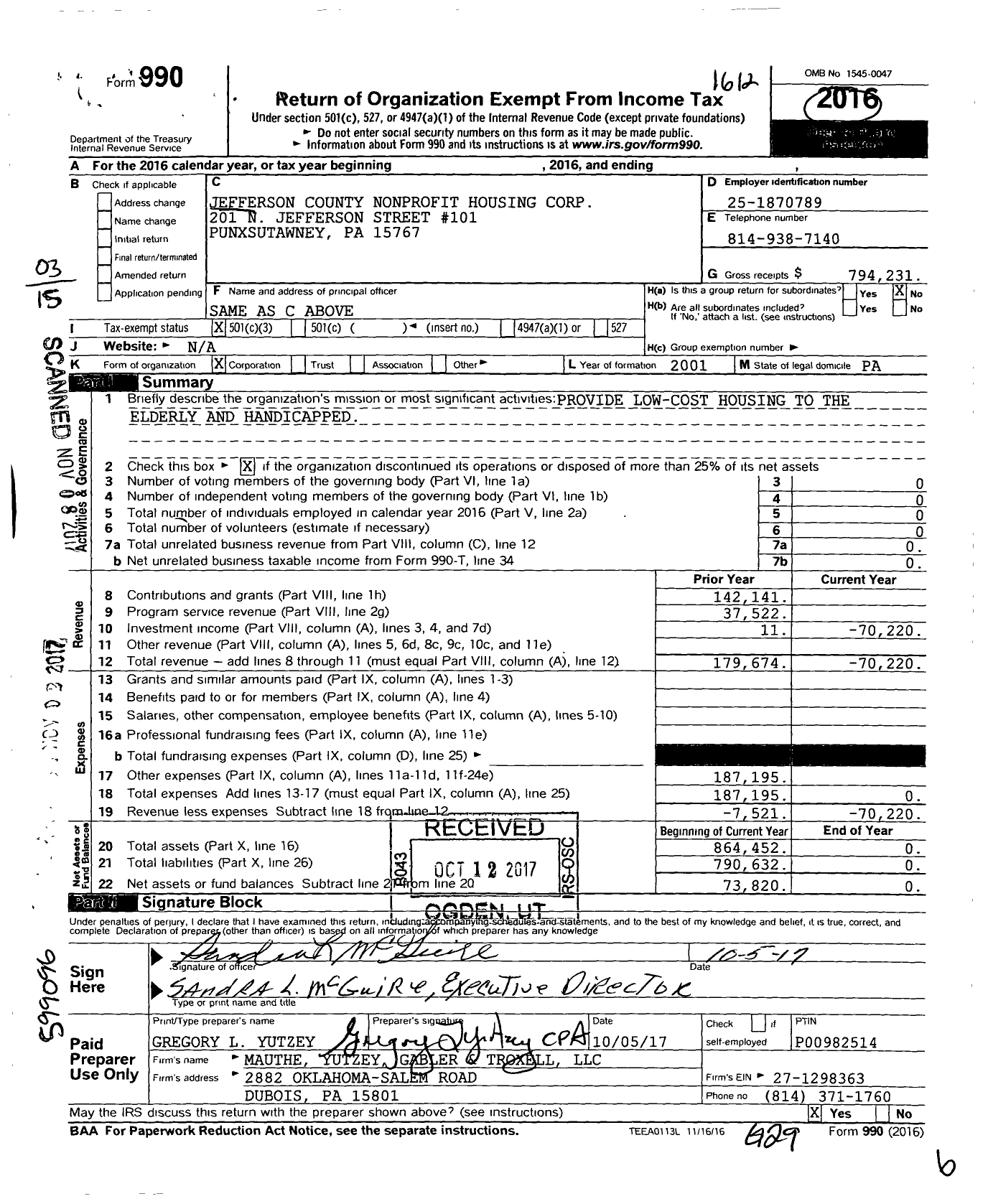 Image of first page of 2016 Form 990 for Jefferson County Nonprofit Housing Corporation